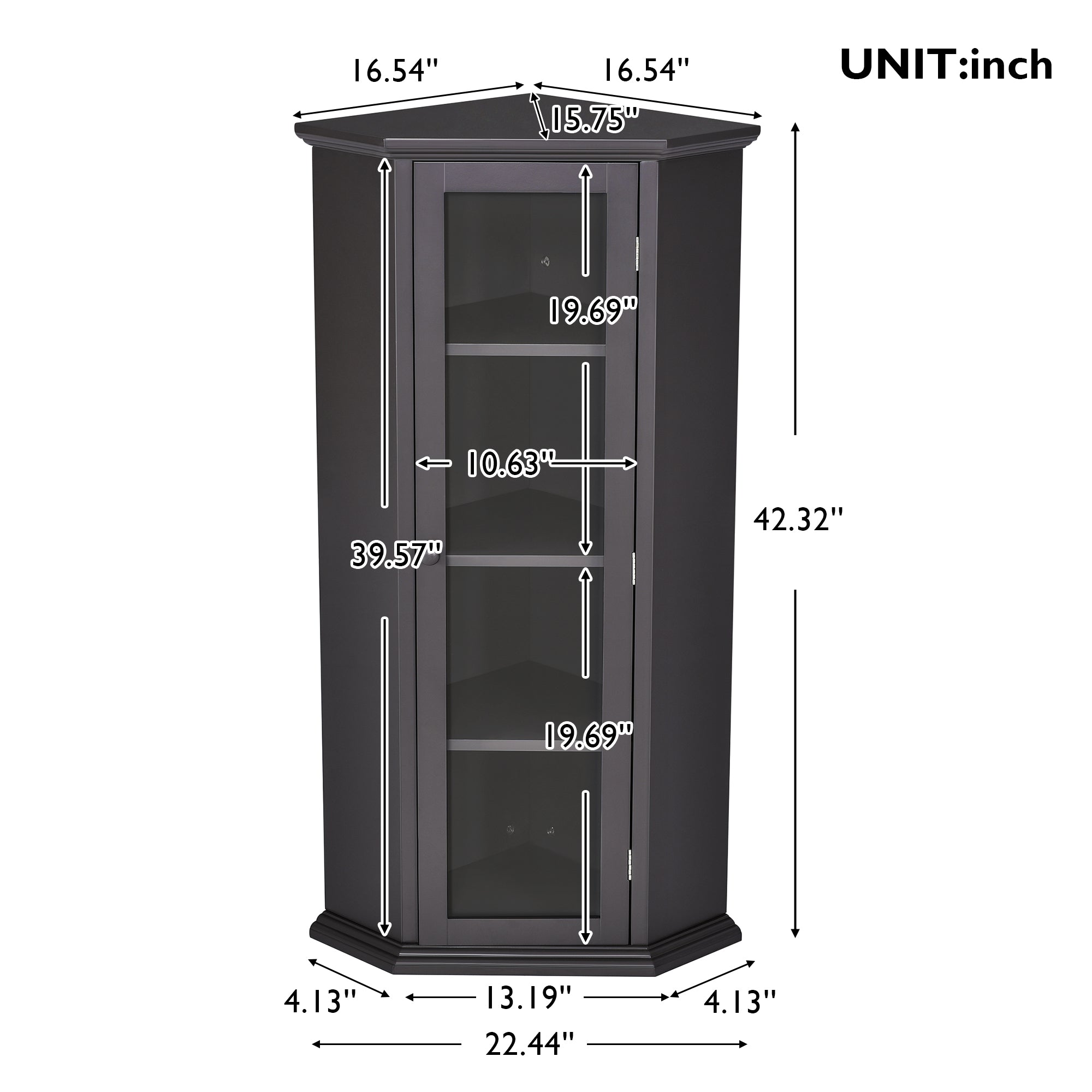 42" Wood 1-door Storage Corner Cabinet with Glass Door