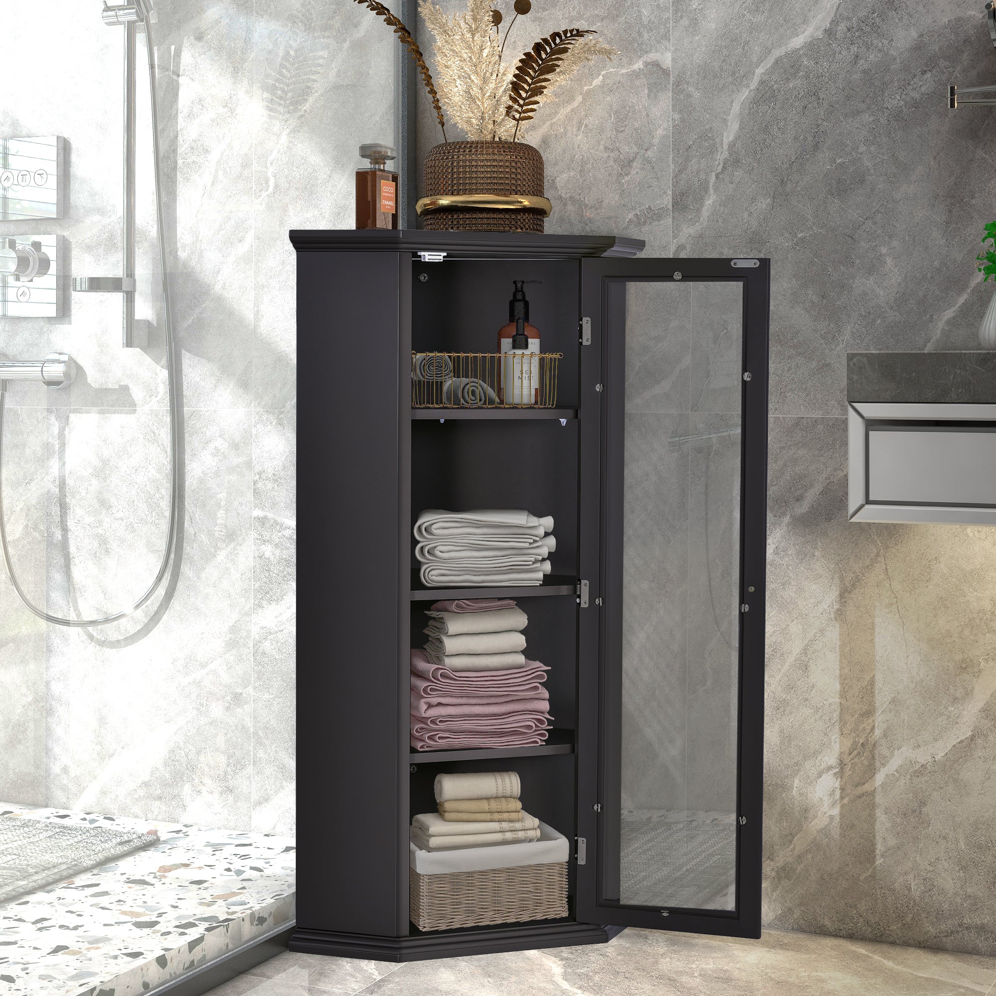 42" Wood 1-door Storage Corner Cabinet with Glass Door