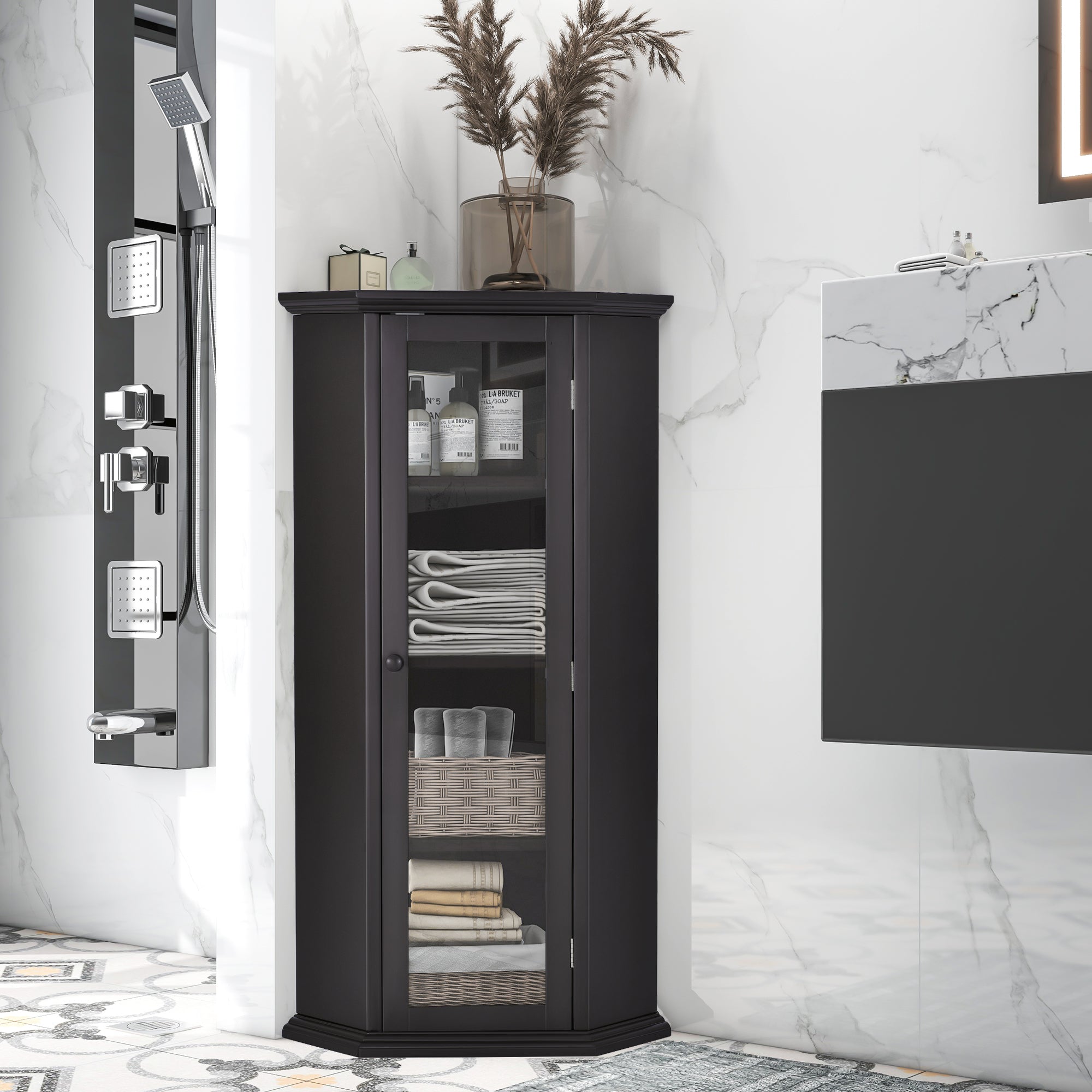 42" Wood 1-door Storage Corner Cabinet with Glass Door