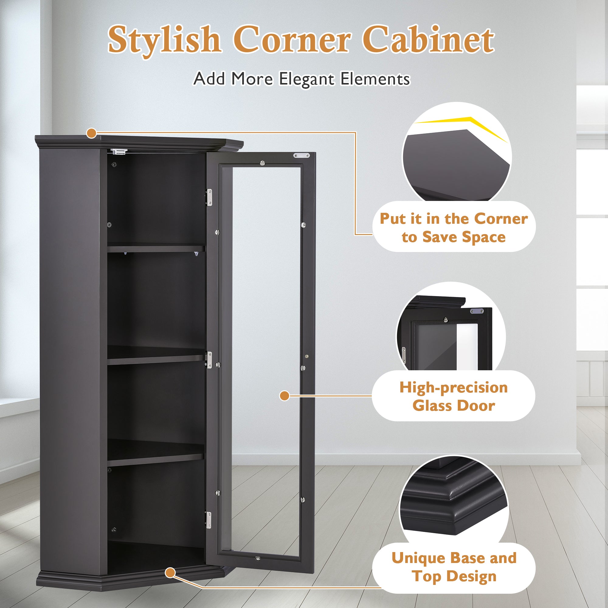 42" Wood 1-door Storage Corner Cabinet with Glass Door
