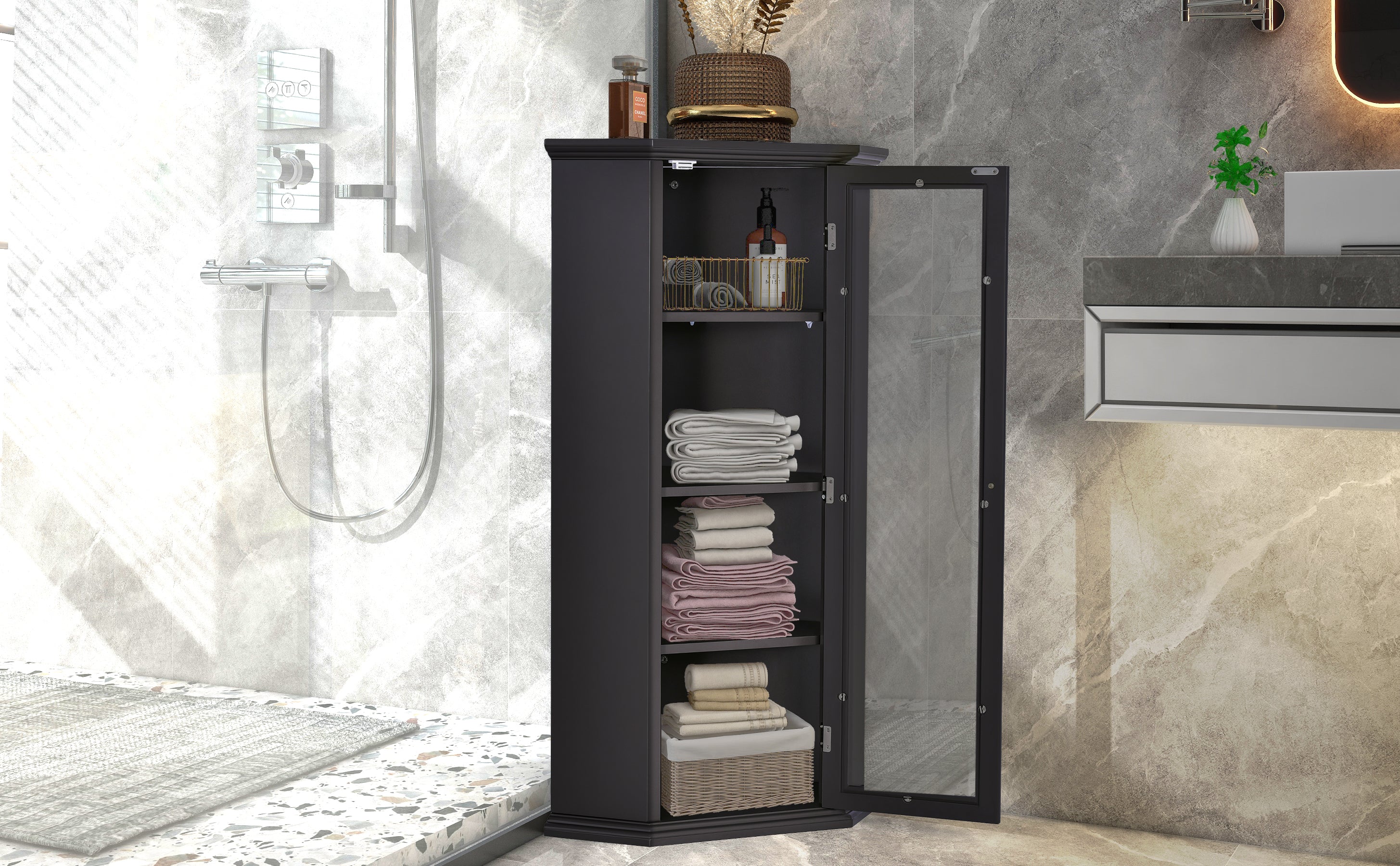 42" Wood 1-door Storage Corner Cabinet with Glass Door
