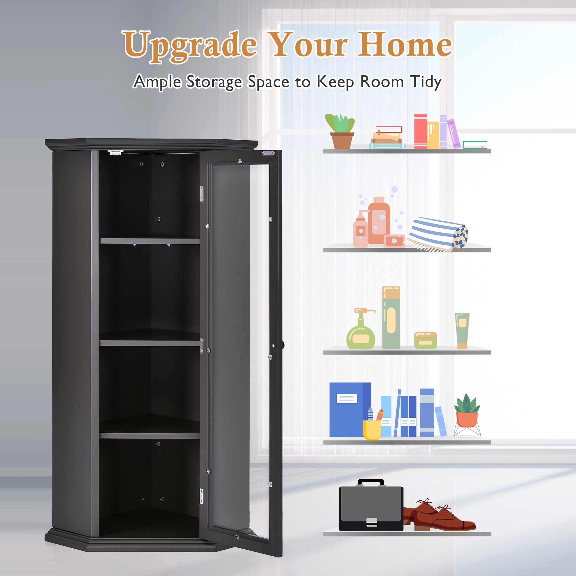 42" Wood 1-door Storage Corner Cabinet with Glass Door