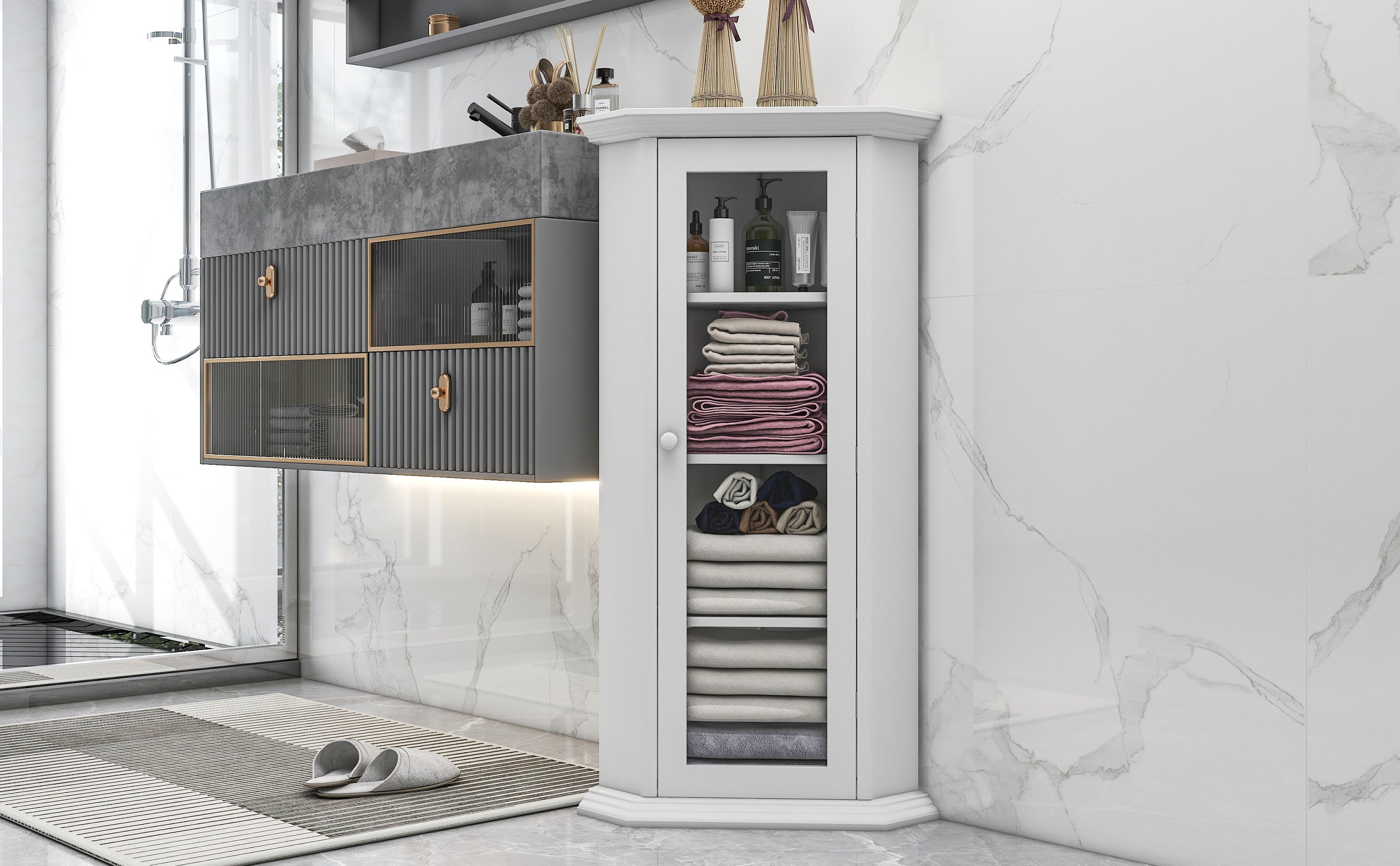 42" Wood 1-door Storage Corner Cabinet with Glass Door