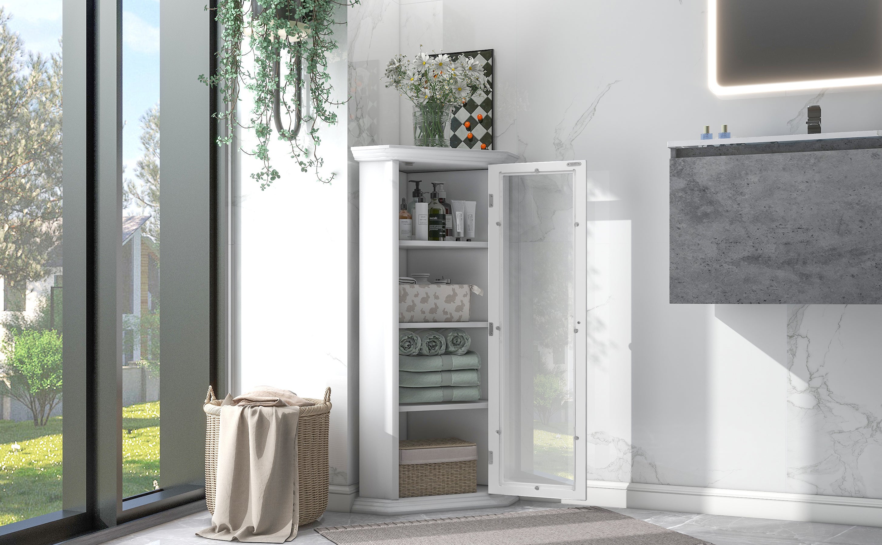 42" Wood 1-door Storage Corner Cabinet with Glass Door