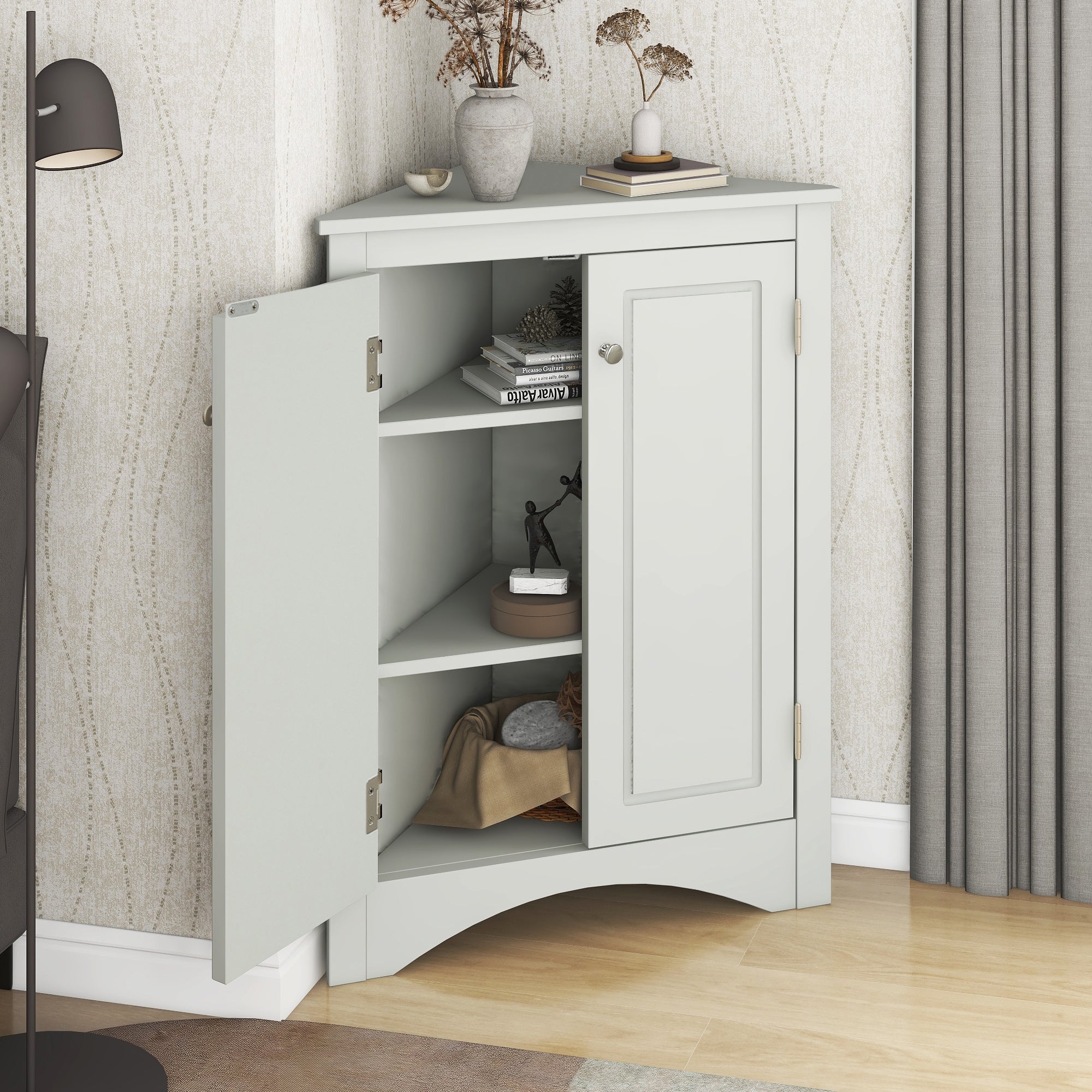 32" Wood 2-door Bathroom Corner Cabinet with Adjustable Shelves