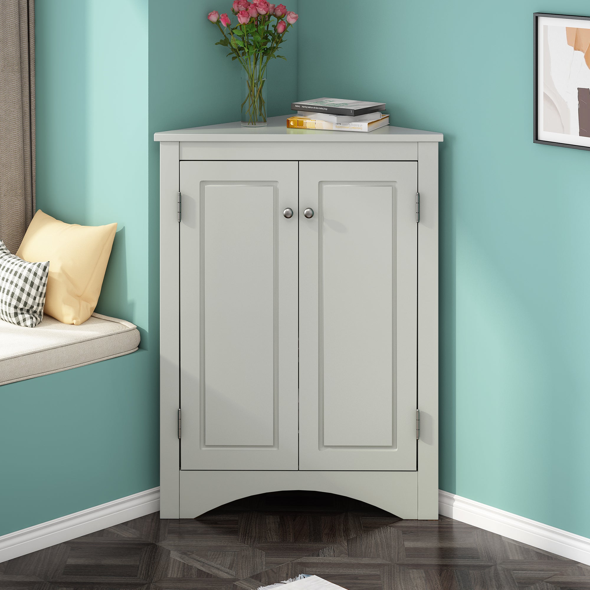 32" Wood 2-door Bathroom Corner Cabinet with Adjustable Shelves
