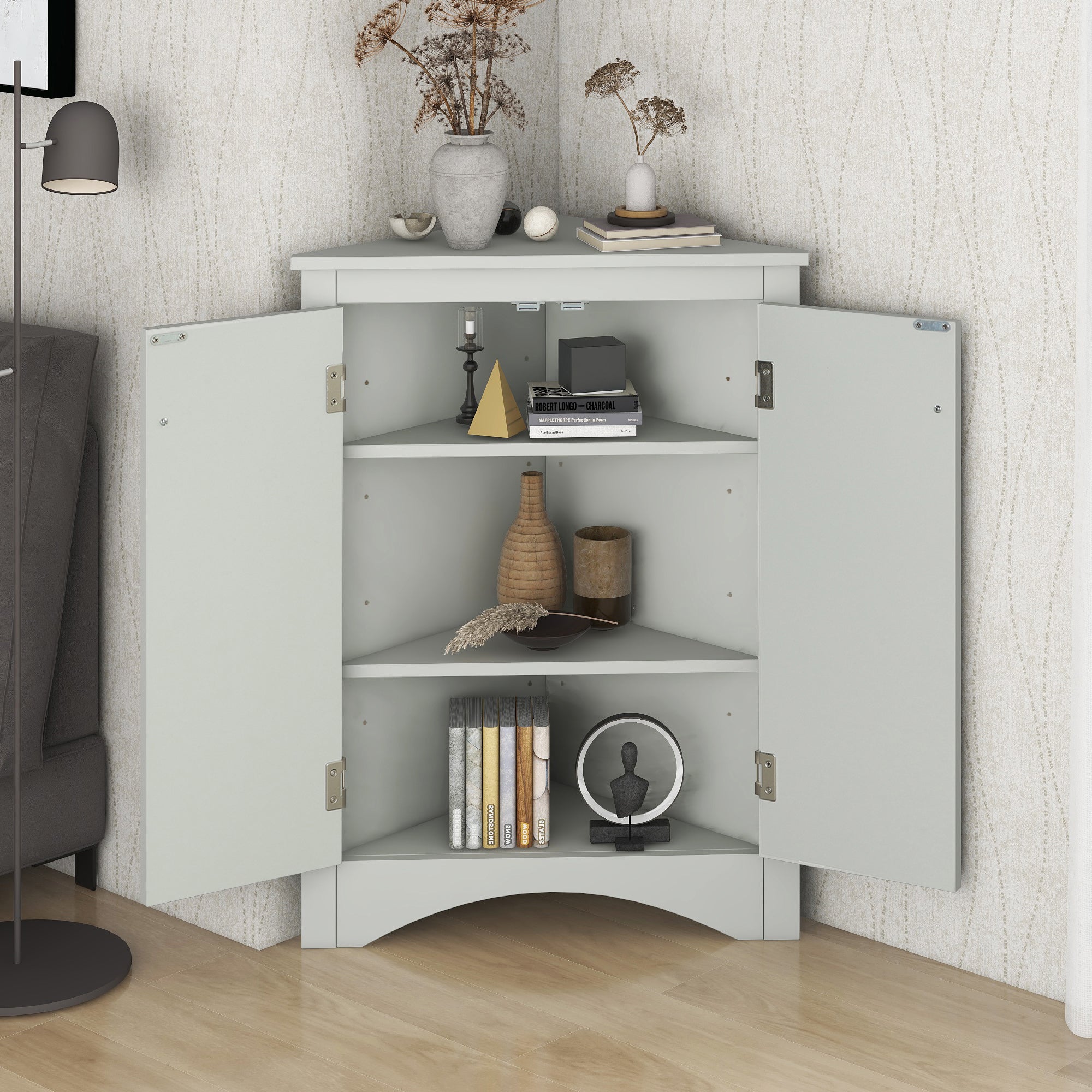 32" Wood 2-door Bathroom Corner Cabinet with Adjustable Shelves