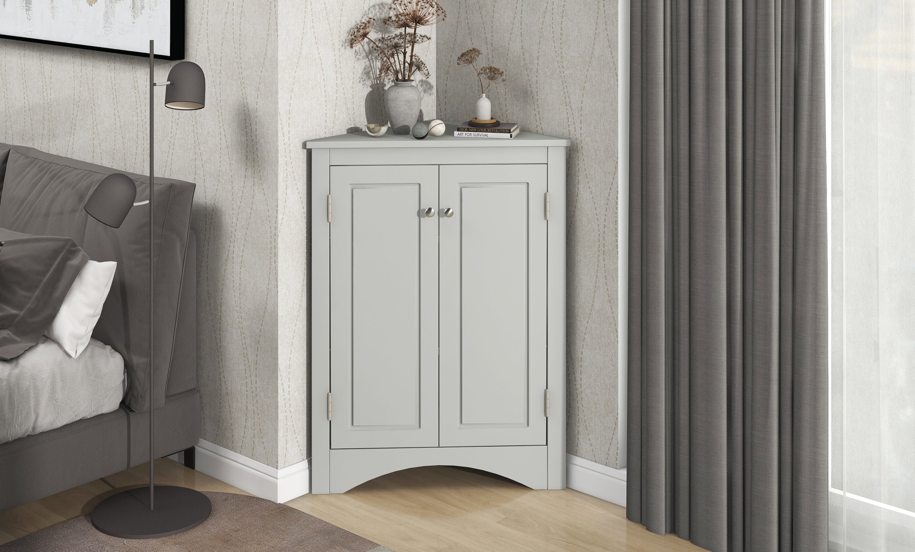 32" Wood 2-door Bathroom Corner Cabinet with Adjustable Shelves