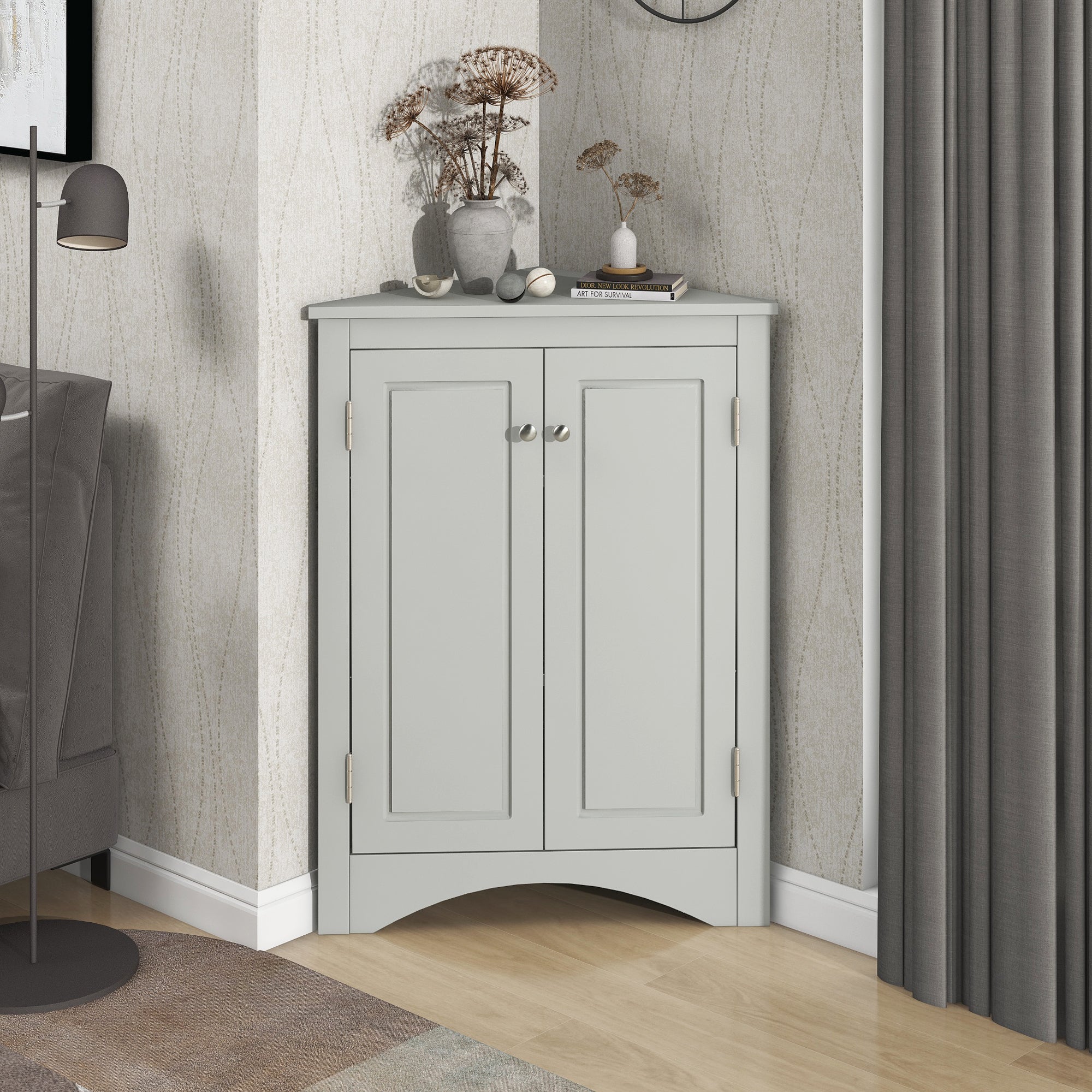 32" Wood 2-door Bathroom Corner Cabinet with Adjustable Shelves