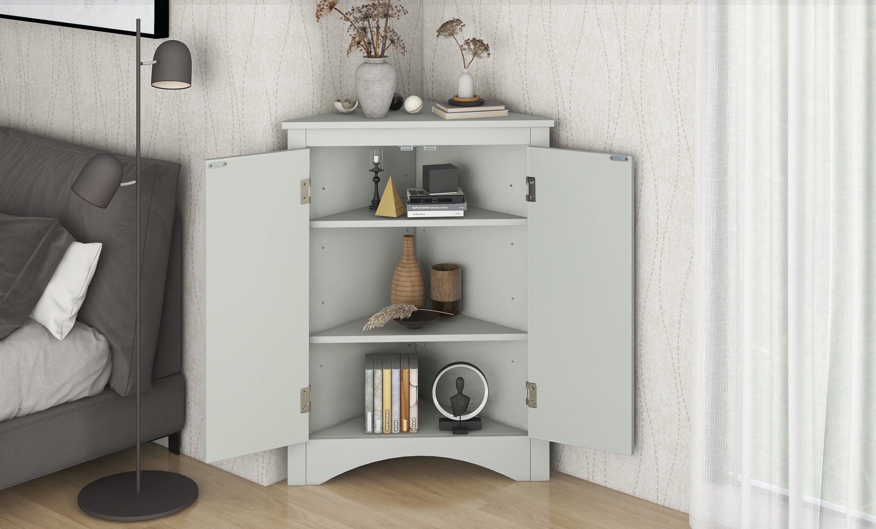 32" Wood 2-door Bathroom Corner Cabinet with Adjustable Shelves