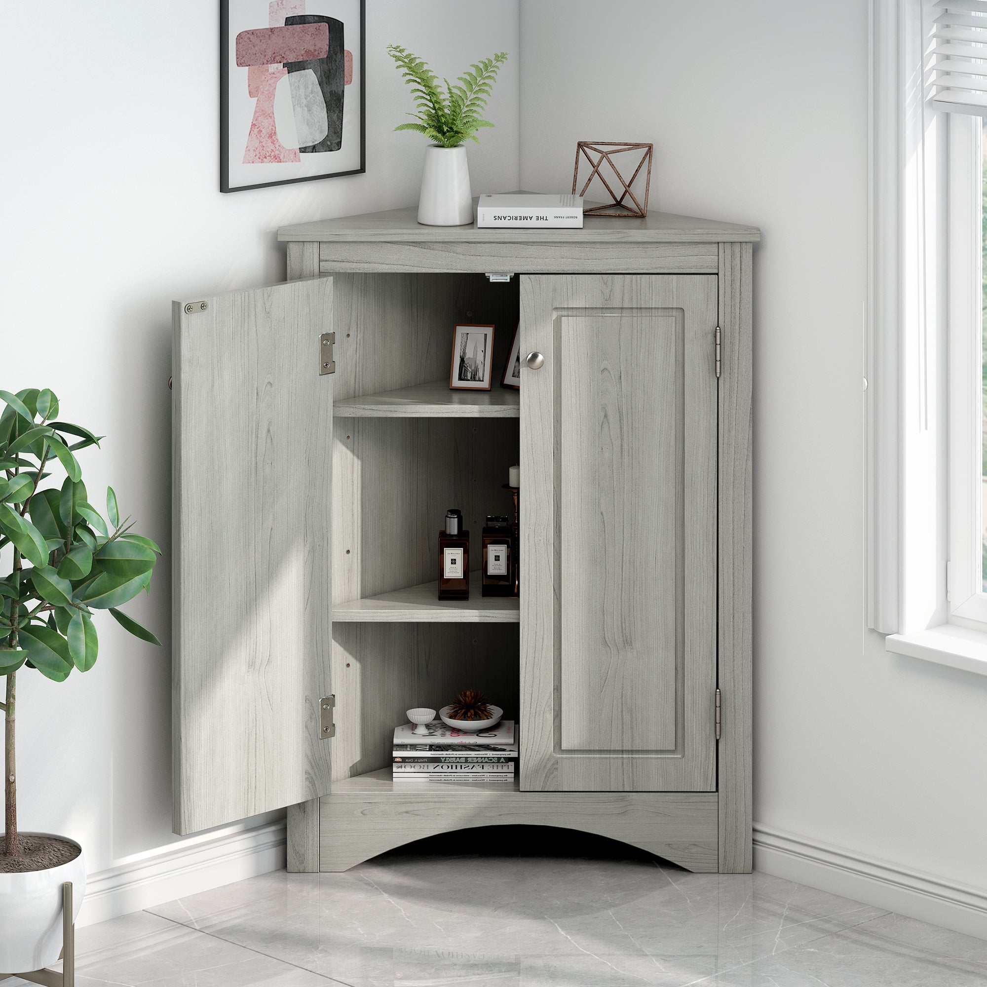 32" Wood 2-door Bathroom Corner Cabinet with Adjustable Shelves