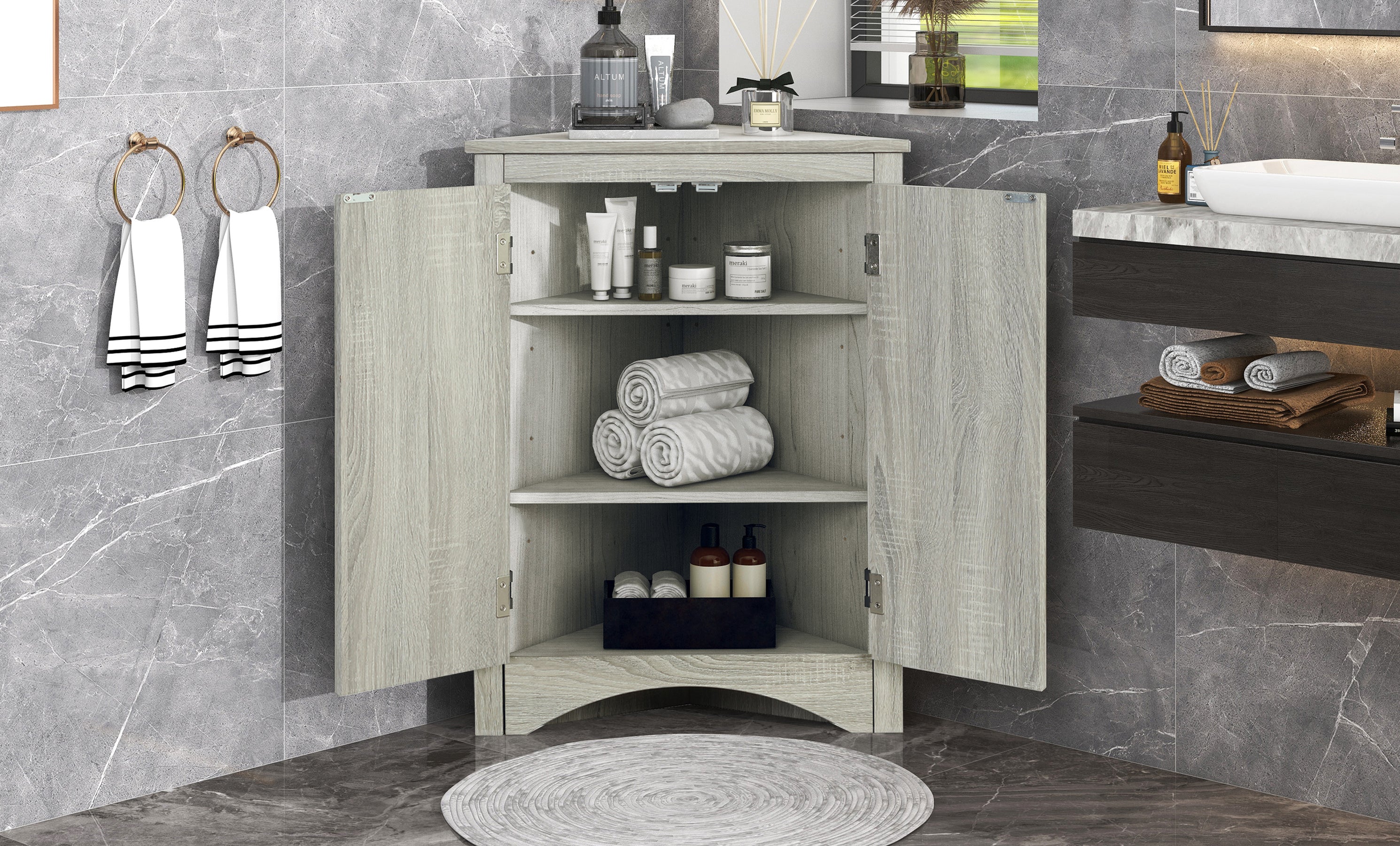 32" Wood 2-door Bathroom Corner Cabinet with Adjustable Shelves