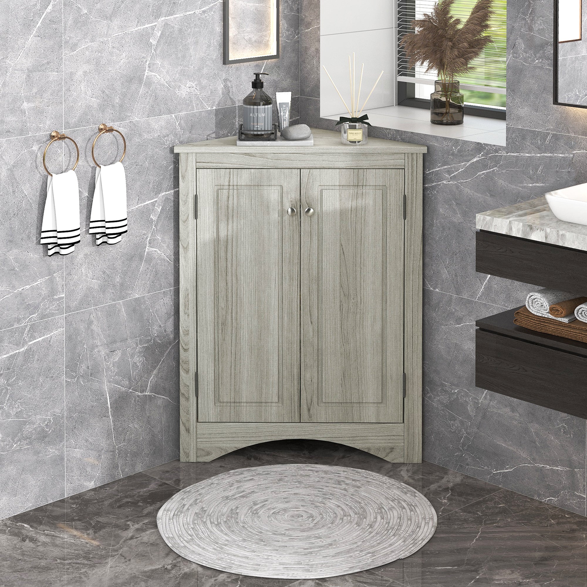 32" Wood 2-door Bathroom Corner Cabinet with Adjustable Shelves