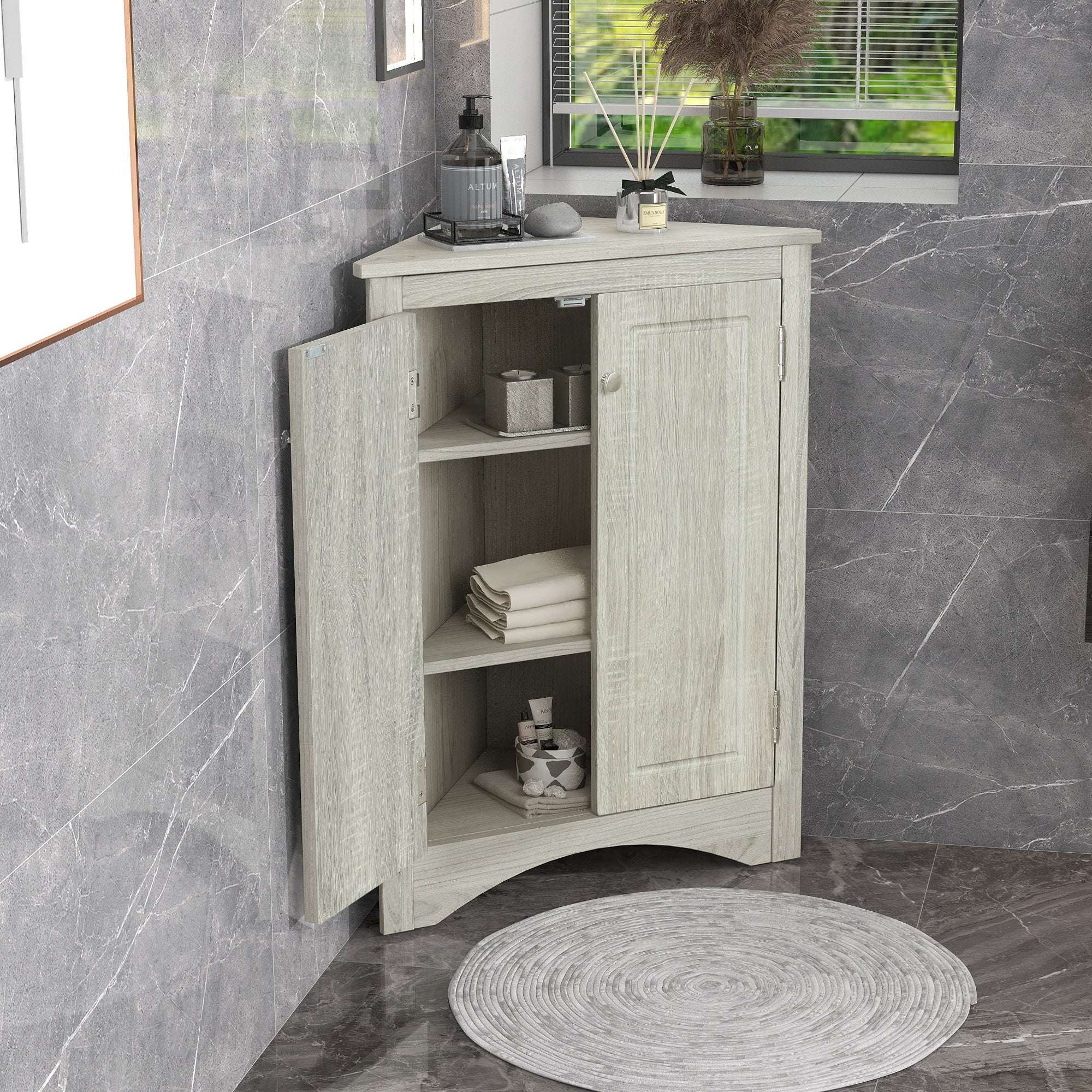 32" Wood 2-door Bathroom Corner Cabinet with Adjustable Shelves