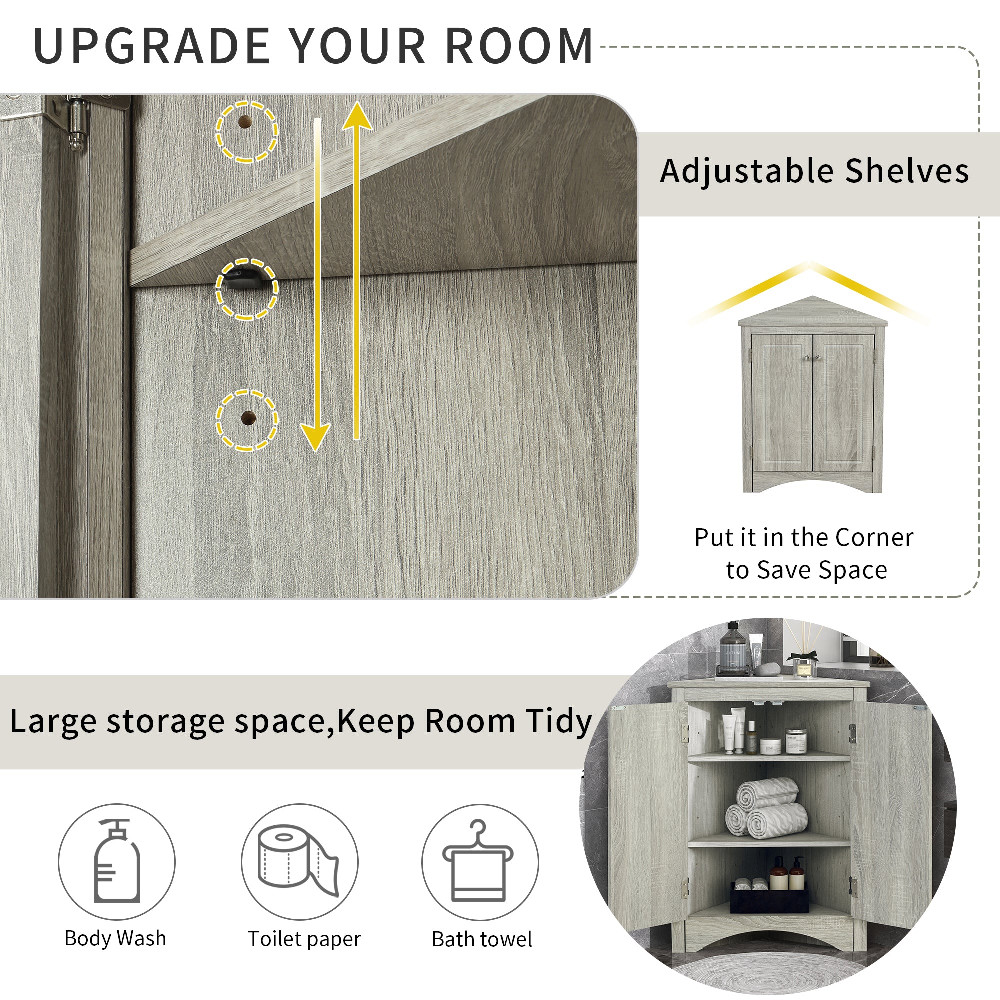32" Wood 2-door Bathroom Corner Cabinet with Adjustable Shelves