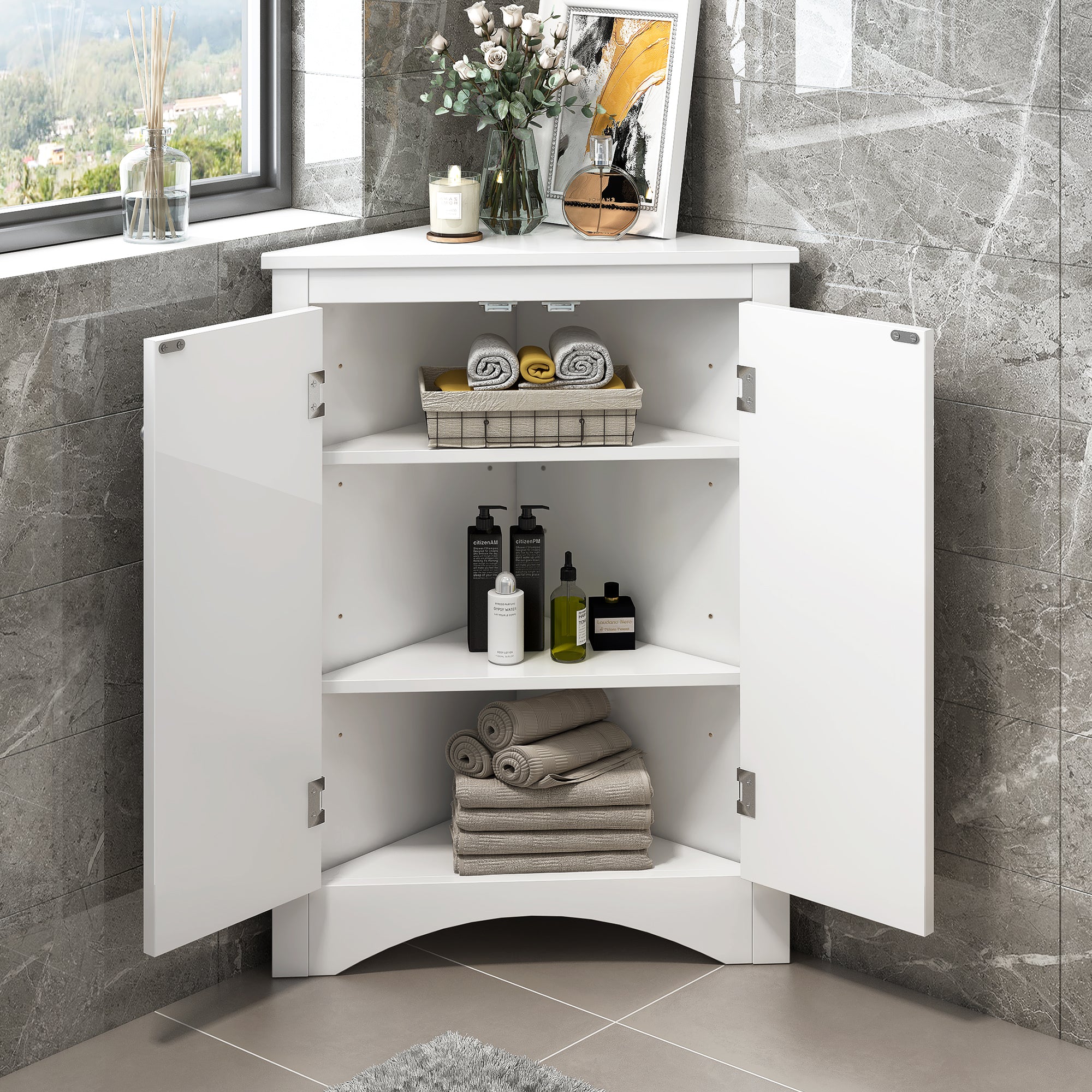 32" Wood 2-door Bathroom Corner Cabinet with Adjustable Shelves