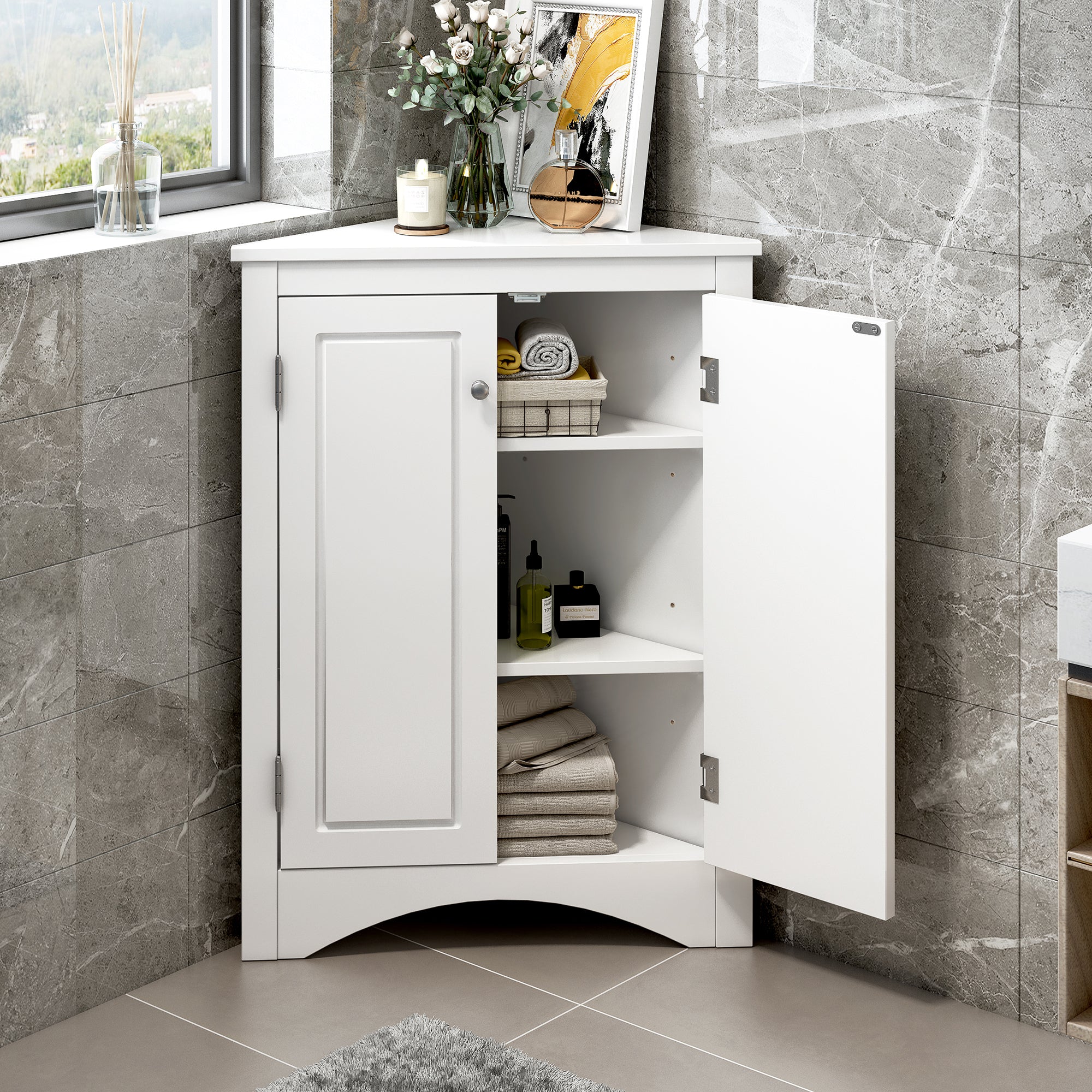 32" Wood 2-door Bathroom Corner Cabinet with Adjustable Shelves