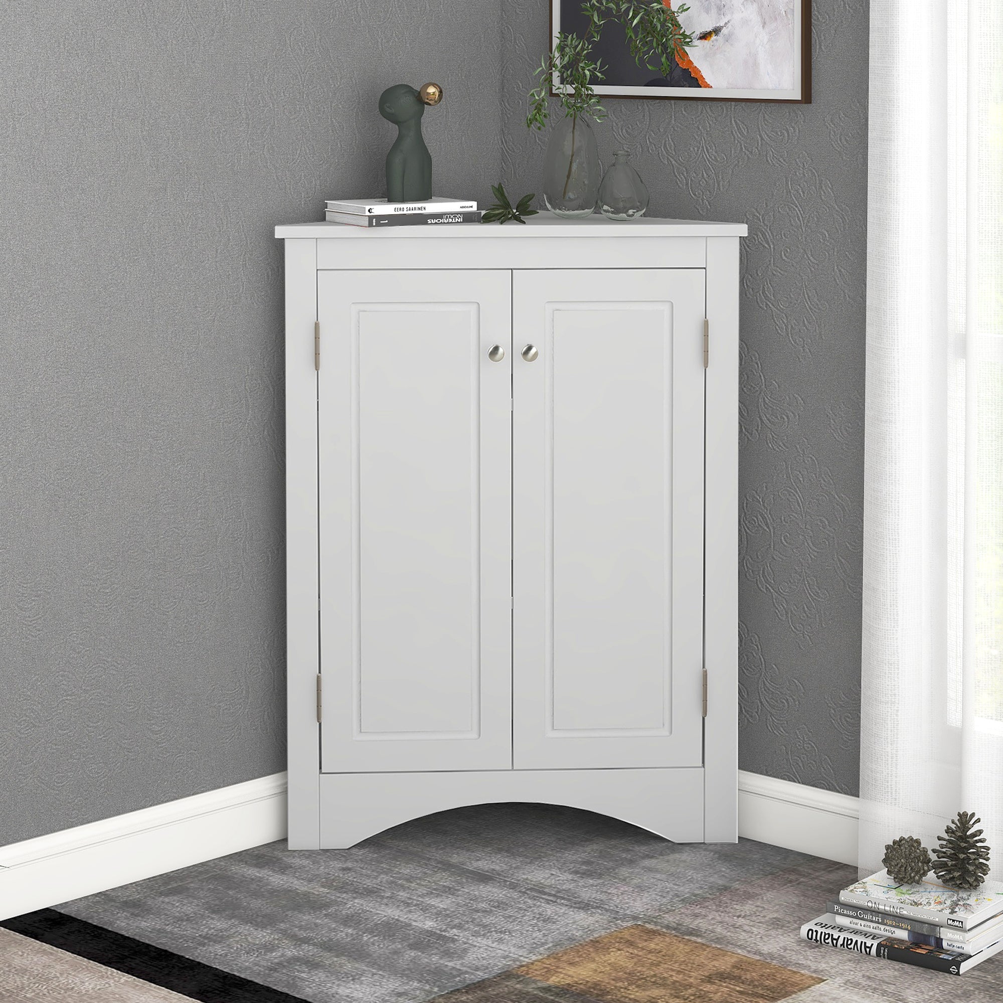 32" Wood 2-door Bathroom Corner Cabinet with Adjustable Shelves