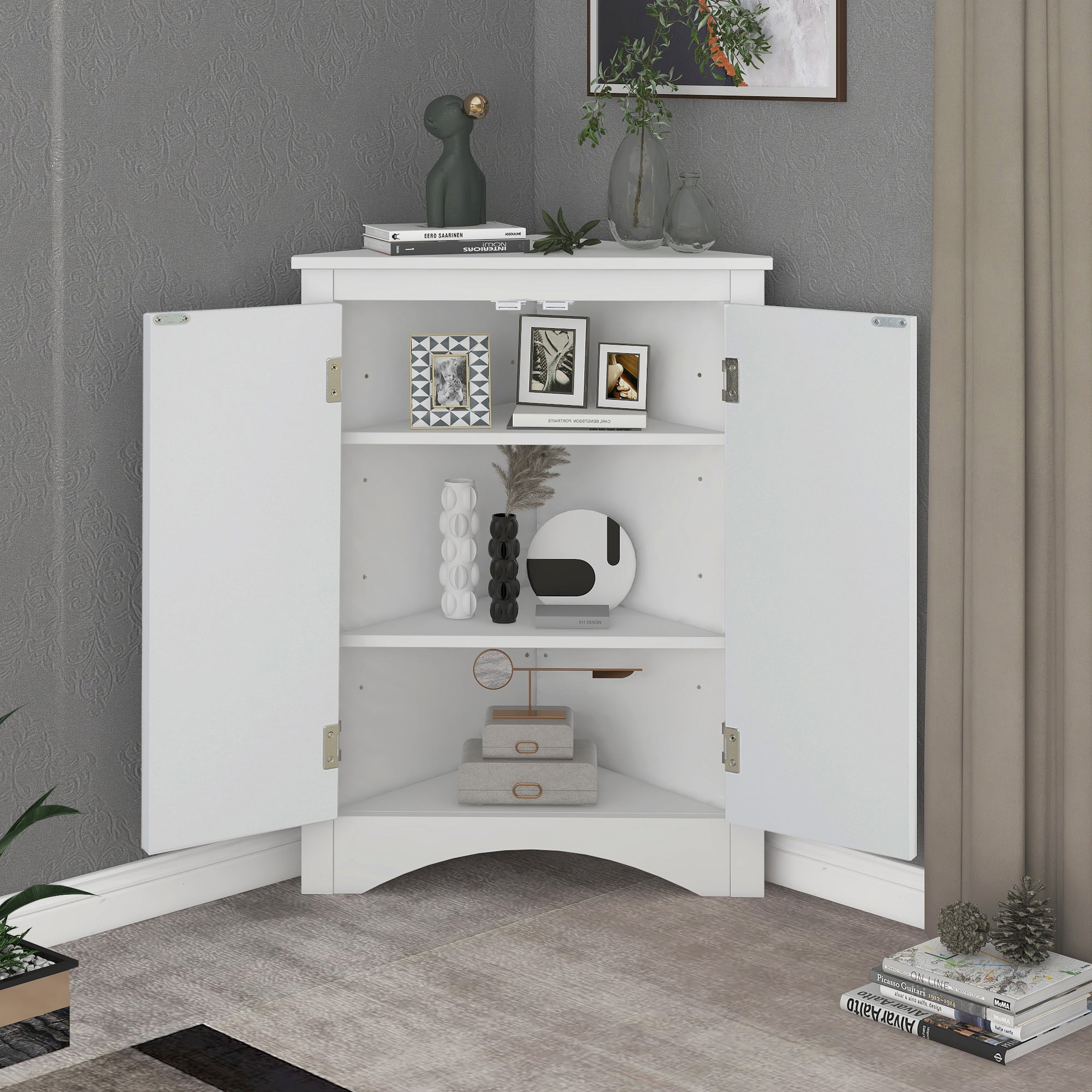 32" Wood 2-door Bathroom Corner Cabinet with Adjustable Shelves