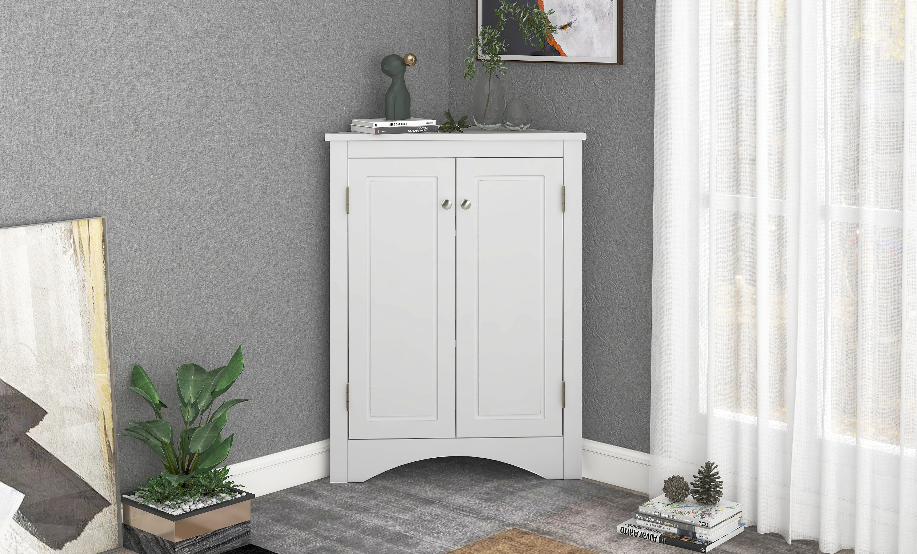 32" Wood 2-door Bathroom Corner Cabinet with Adjustable Shelves