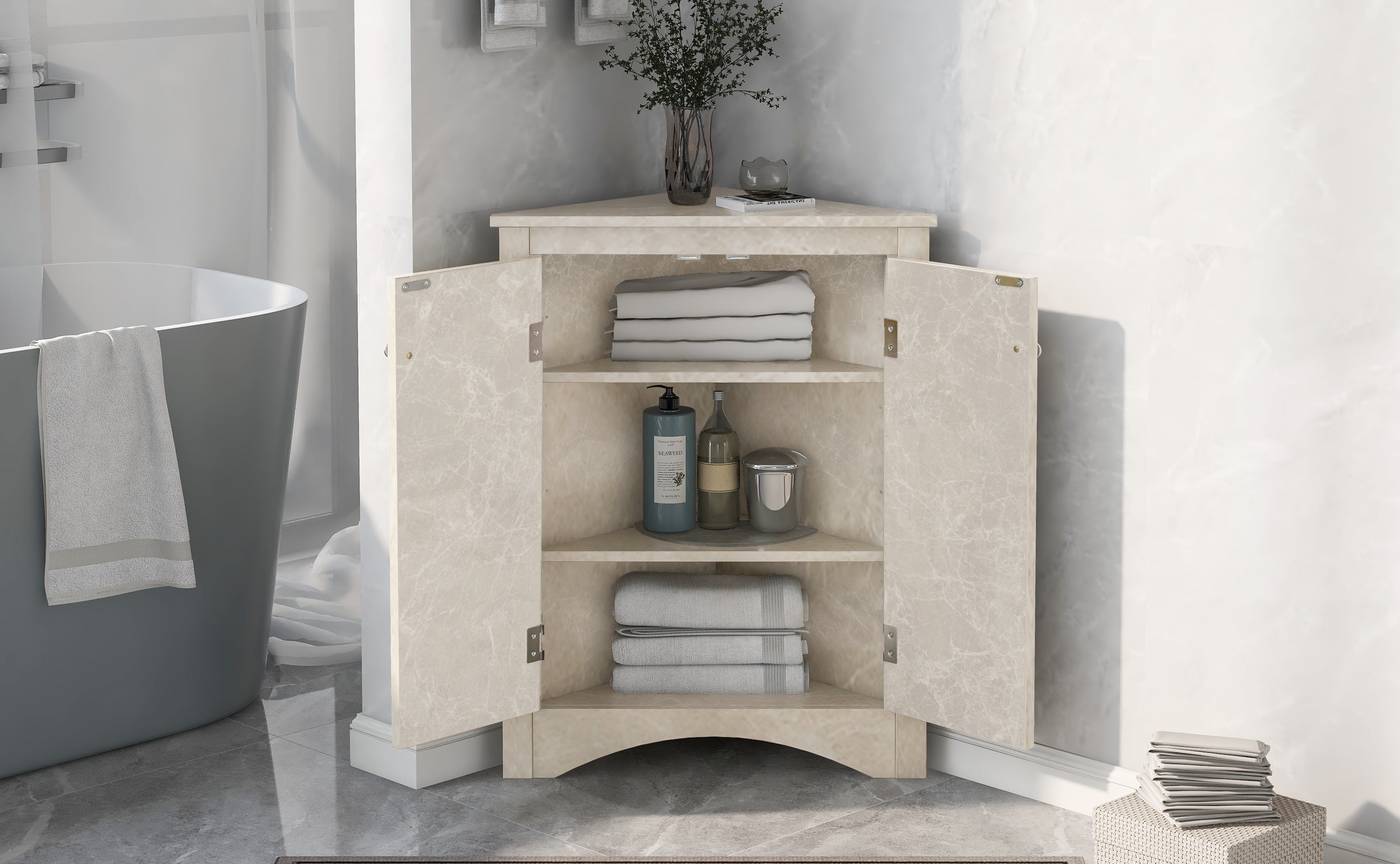 32" Wood 2-door Bathroom Corner Cabinet with Adjustable Shelves