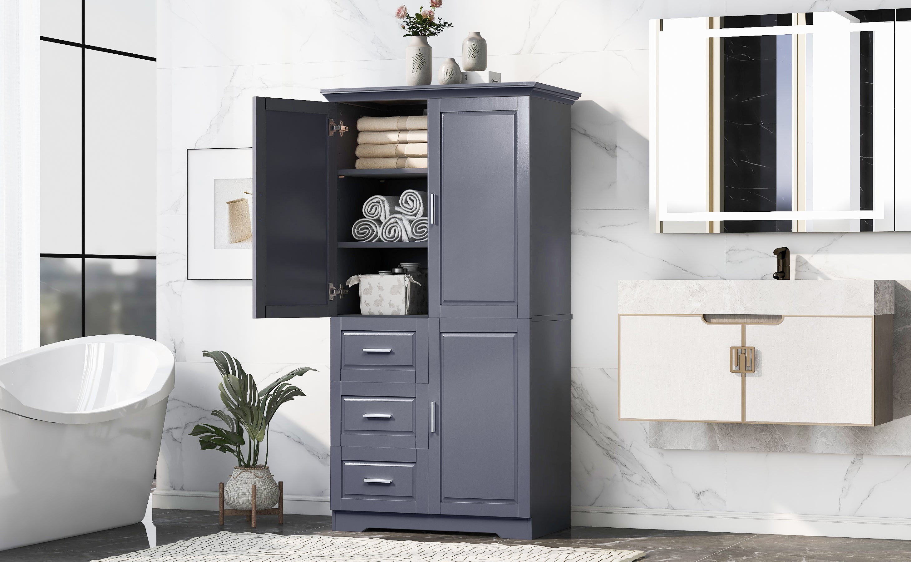 32 in. W x 72 in. H Storage Cabinet with Doors and Three Drawers
