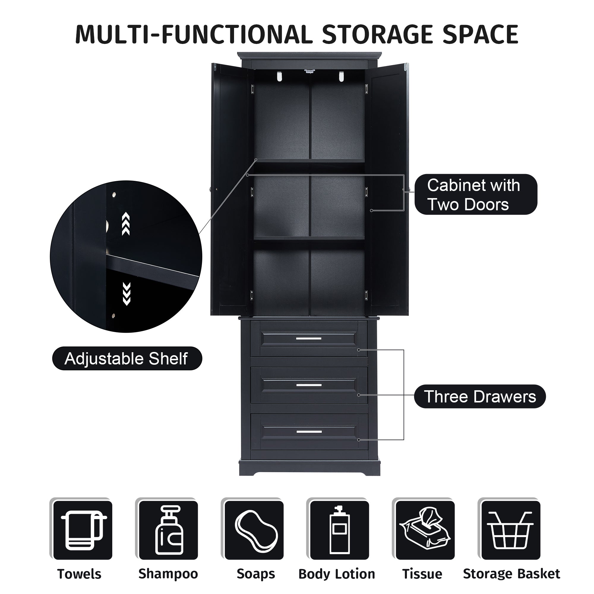 Tall Storage Cabinet with Three Drawers for Bathroom/Office