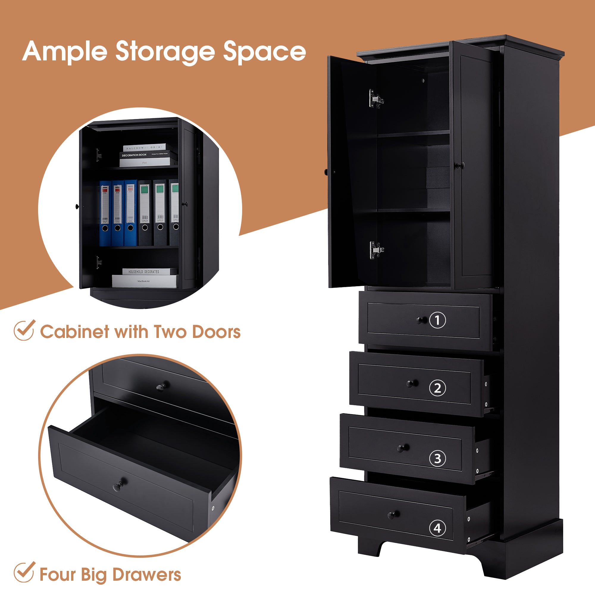 24 in. W x 68 in. H MDF Bathroom Storage Cabinet with Two Doors and Four Drawers