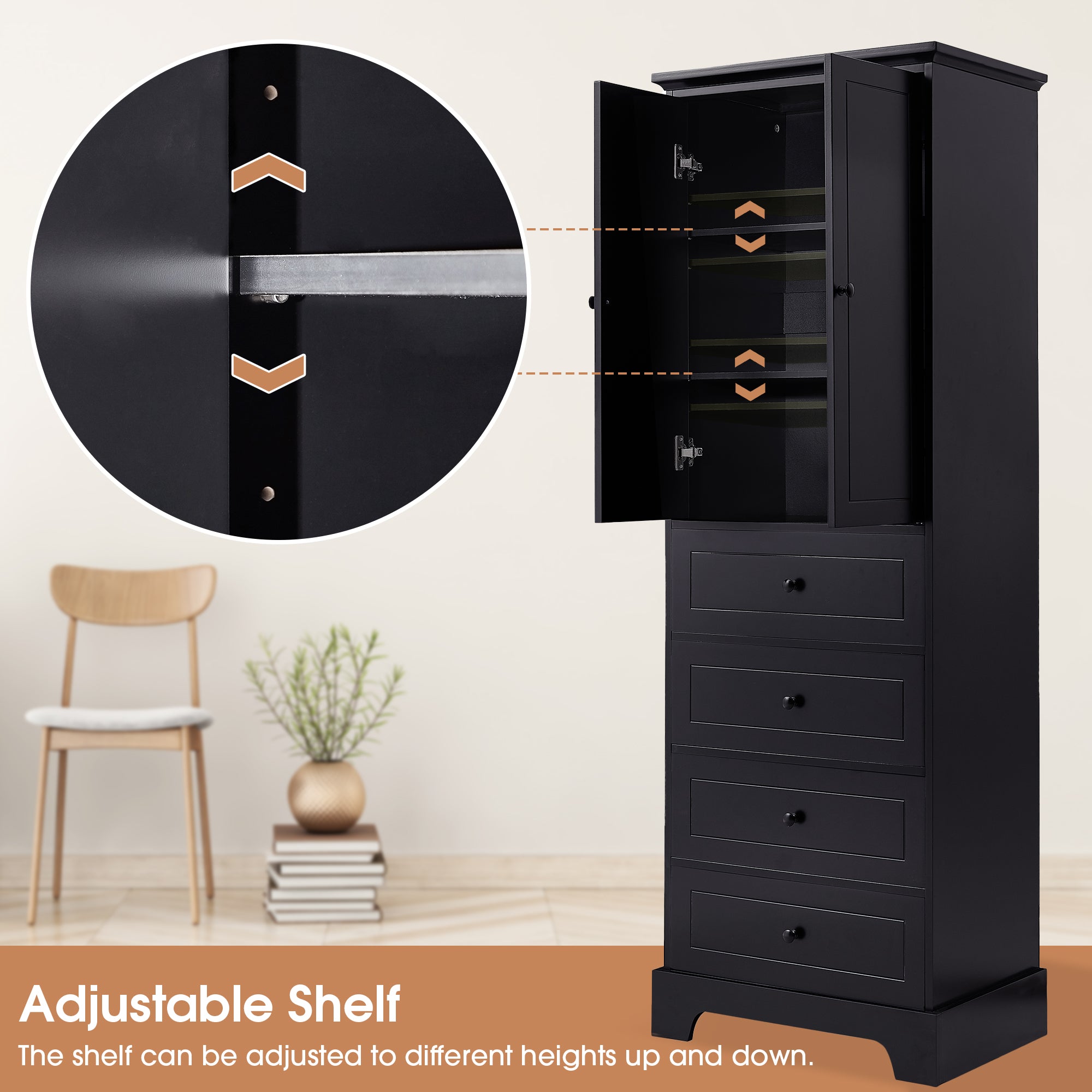 24 in. W x 68 in. H MDF Bathroom Storage Cabinet with Two Doors and Four Drawers