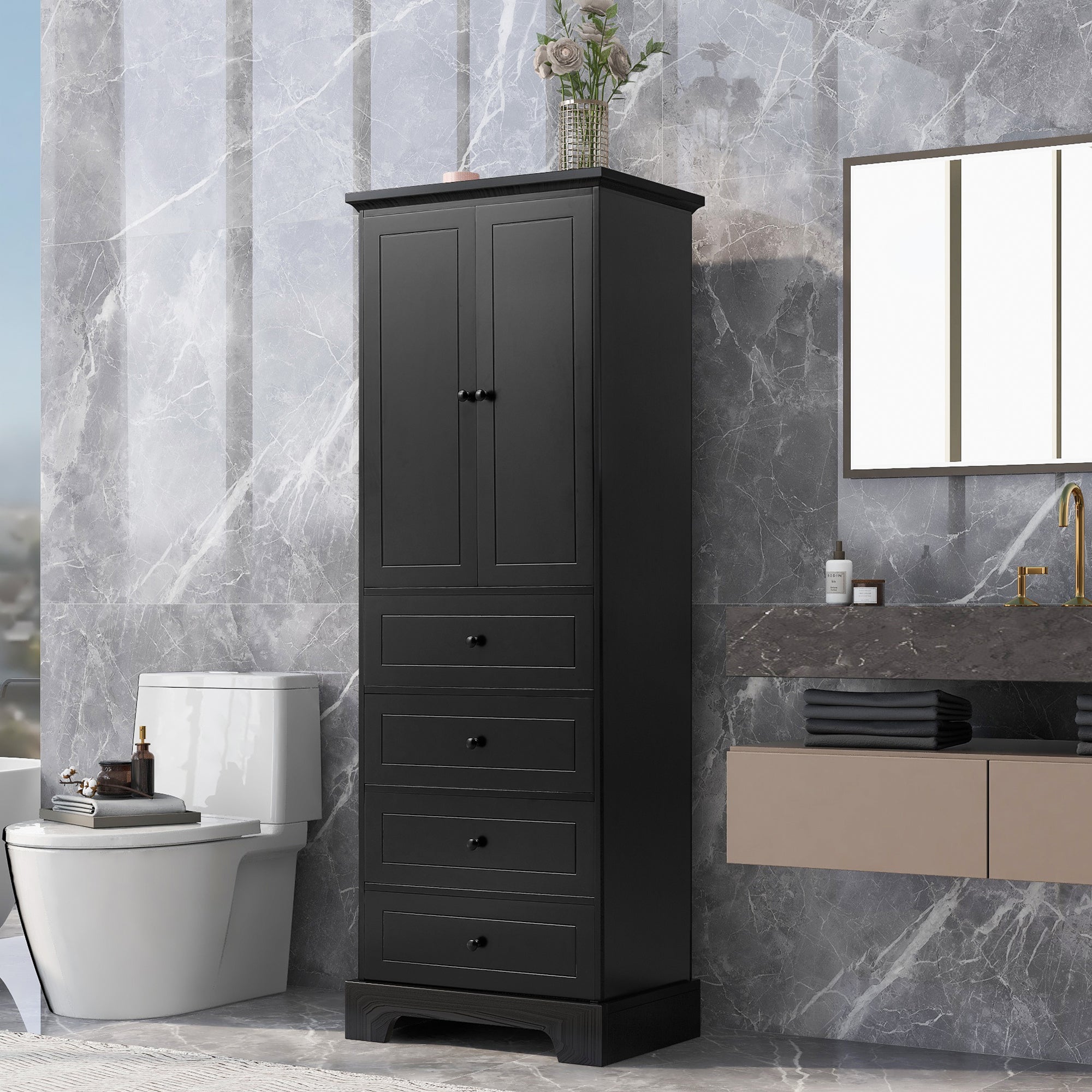 24 in. W x 68 in. H MDF Bathroom Storage Cabinet with Two Doors and Four Drawers
