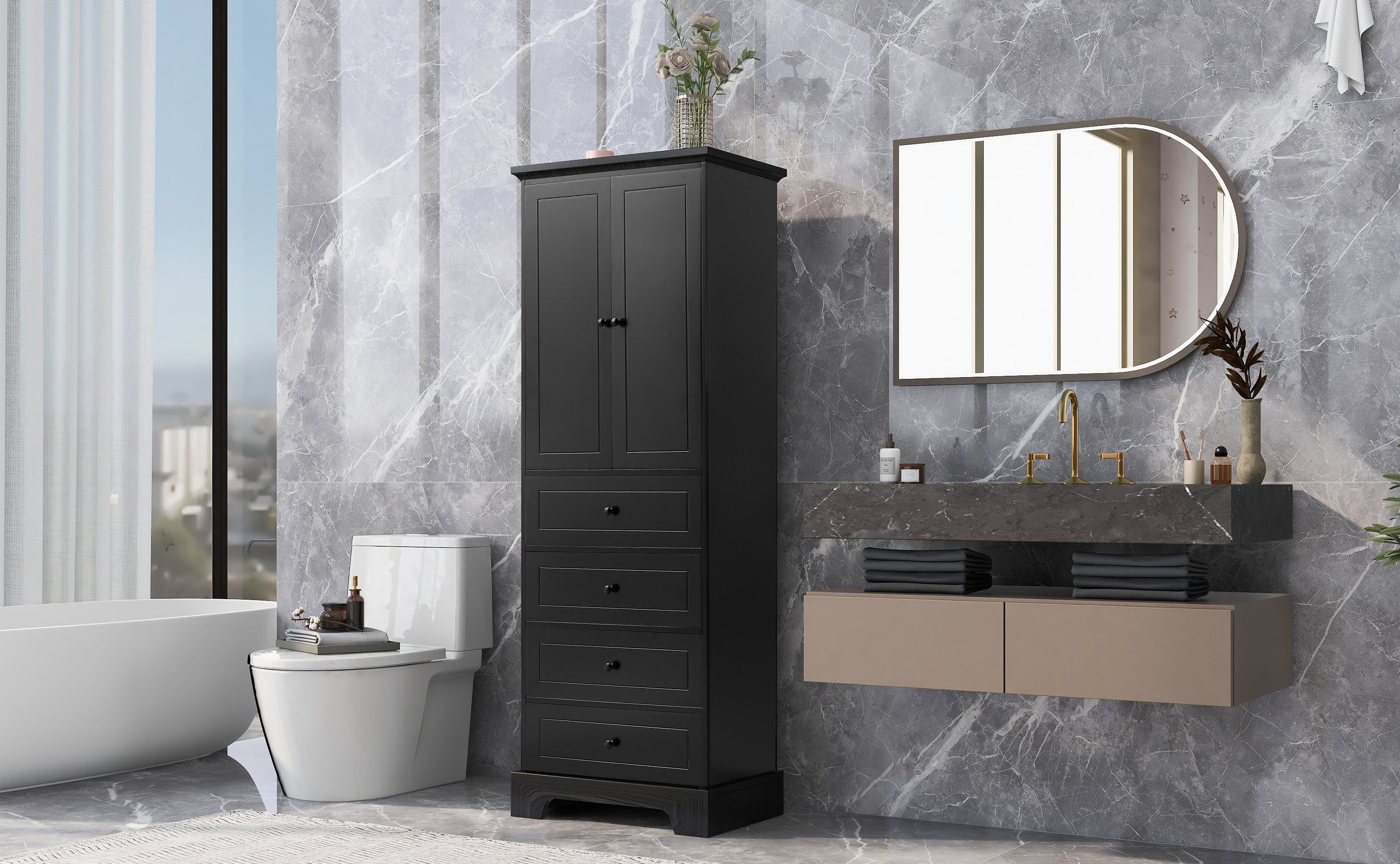 24 in. W x 68 in. H MDF Bathroom Storage Cabinet with Two Doors and Four Drawers