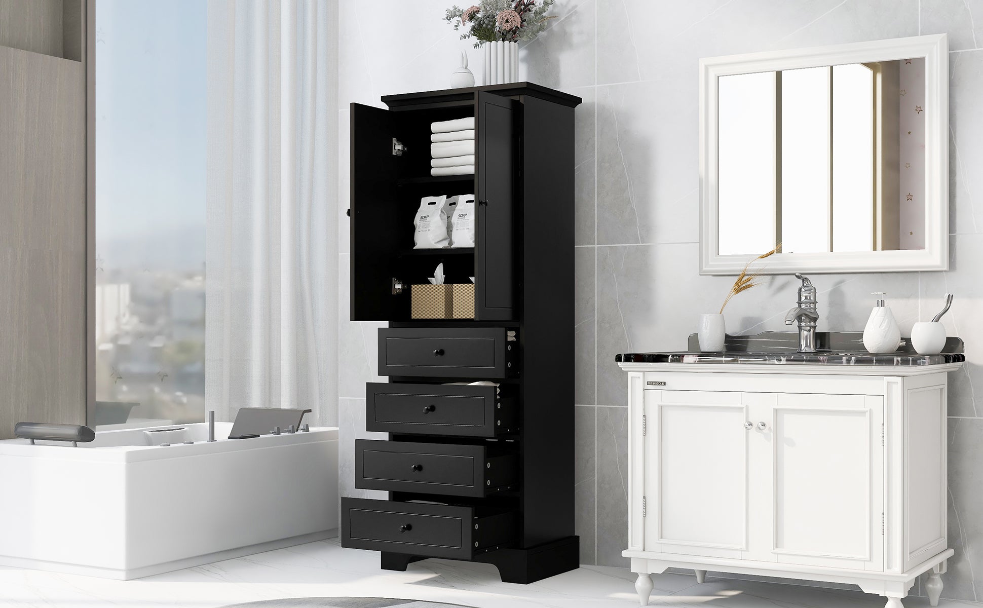 24 in. W x 68 in. H MDF Bathroom Storage Cabinet with Two Doors and Four Drawers
