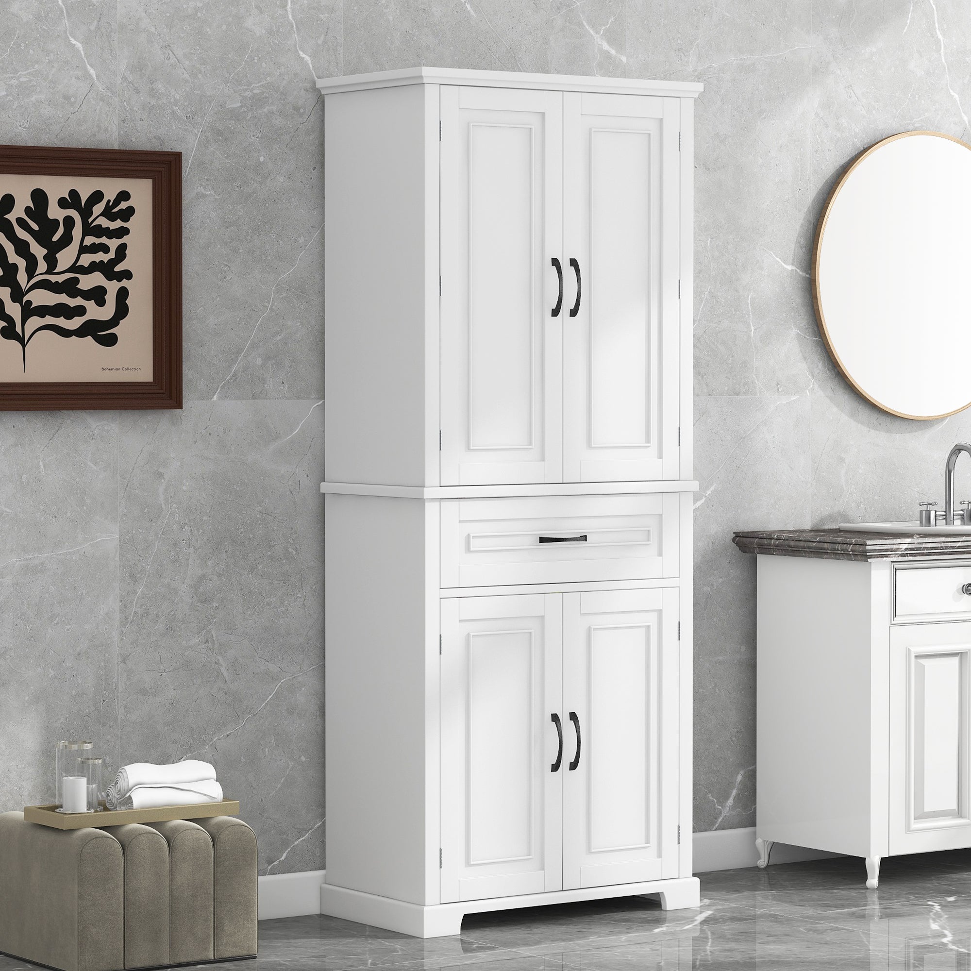 30 in. W x 72 in. H Freestanding Bathroom Cabinet in White with Adjustable Shelf and Drawer