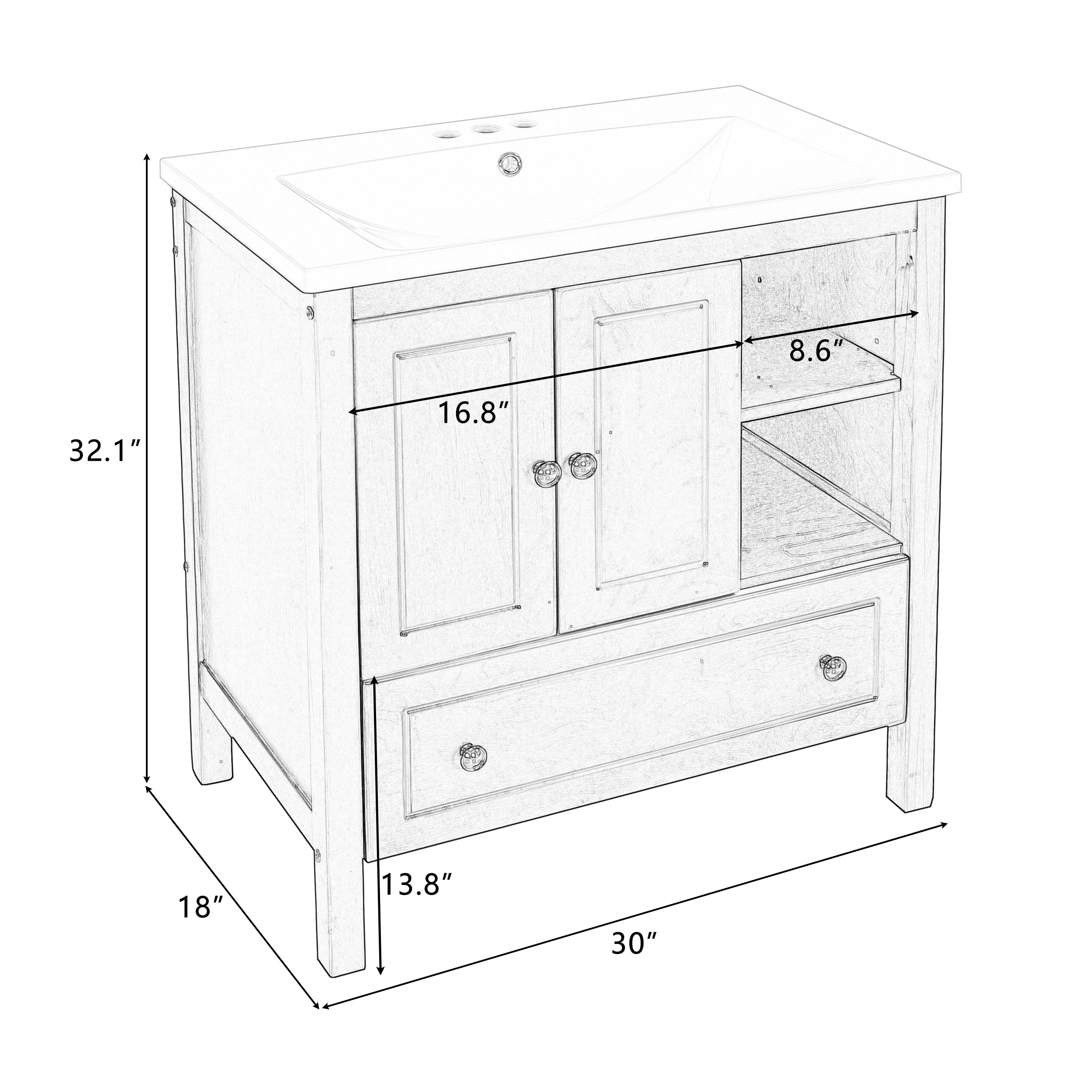 30 in. W x 18. in D. x 32 in. H Bath Vanity with White Ceramic Top
