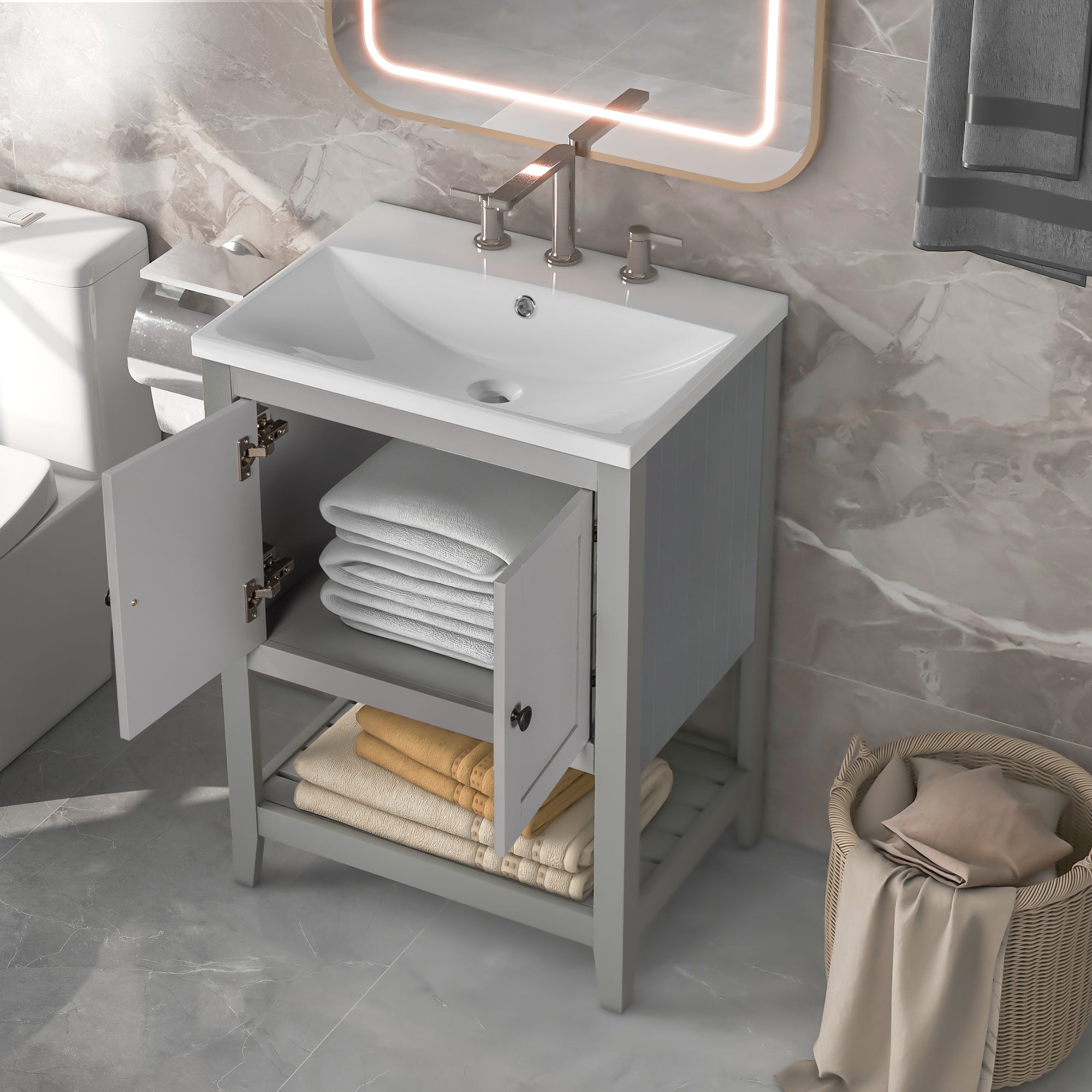 24" Wood Freestanding Bathroom Vanity with Integrated Ceramic Sink