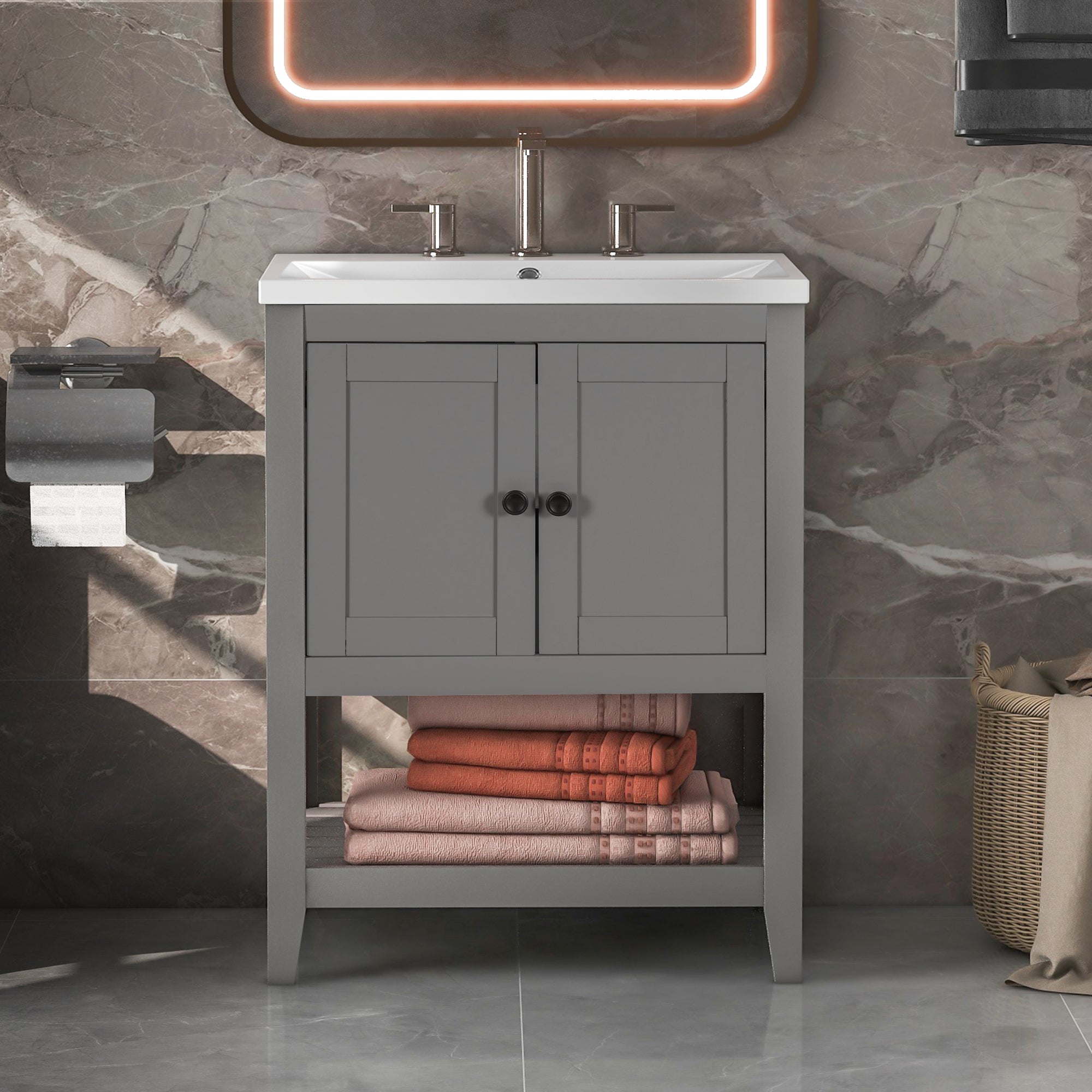 24" Wood Freestanding Bathroom Vanity with Integrated Ceramic Sink