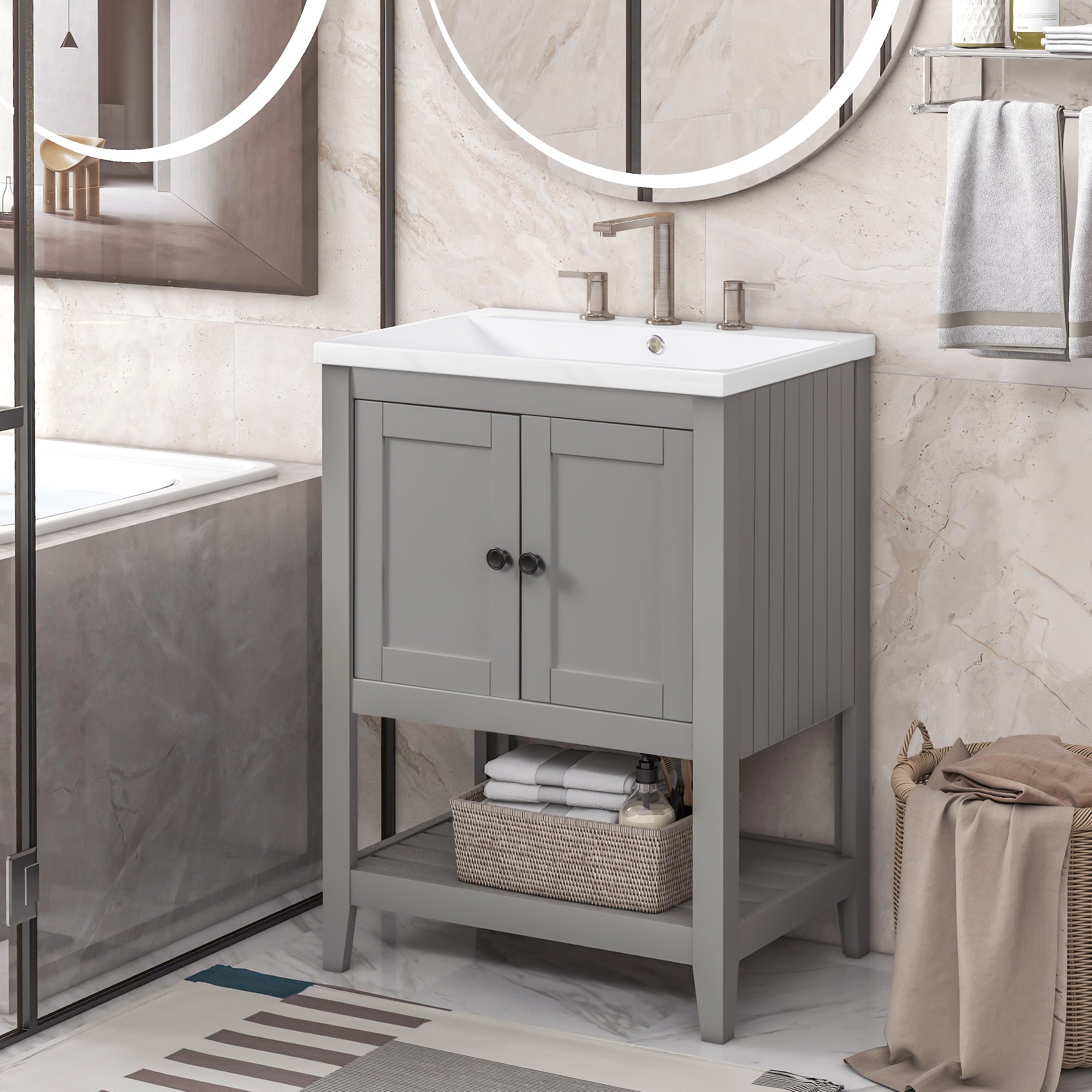 24" Wood Freestanding Bathroom Vanity with Integrated Ceramic Sink