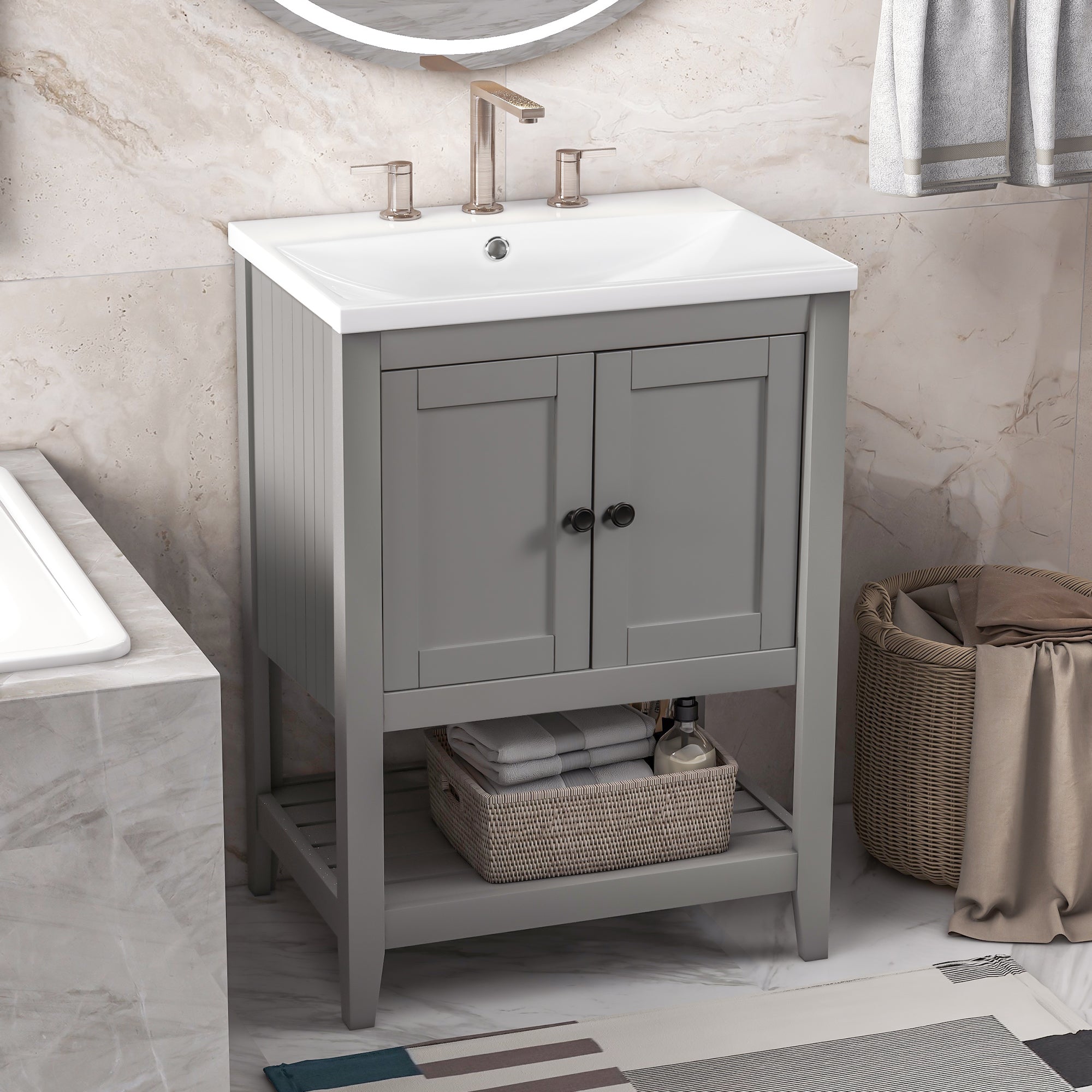 24" Wood Freestanding Bathroom Vanity with Integrated Ceramic Sink