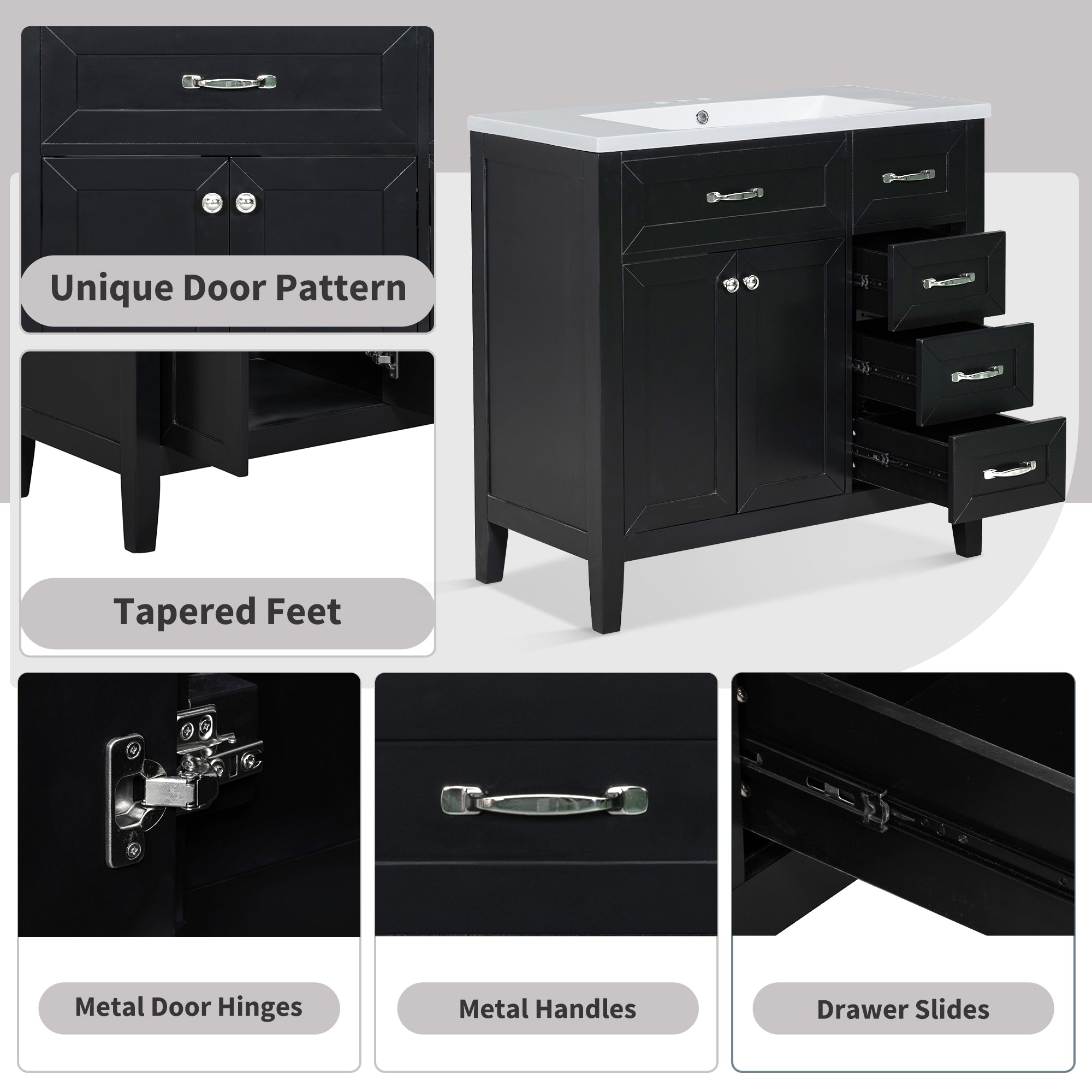 36 in.W MDF Freestanding Bathroom Vanity Set with Integrated Sink, Drawers and Doors