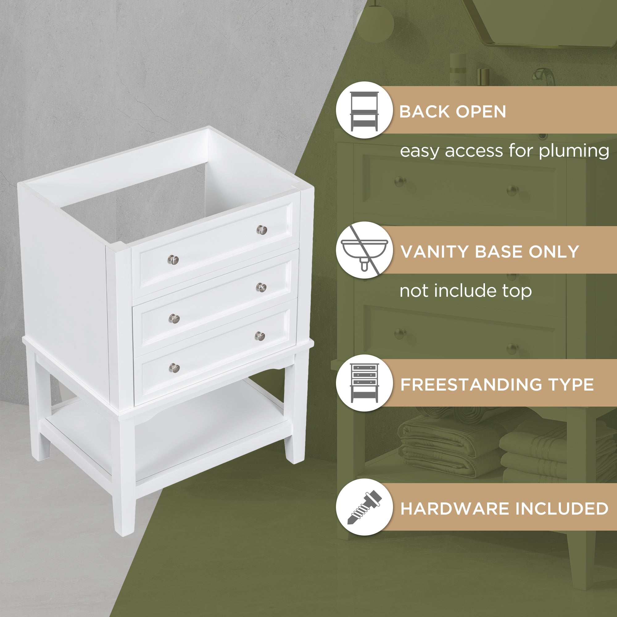 24 in. W x 33 in. H MDF Freestanding Bathroom Vanity Base in White