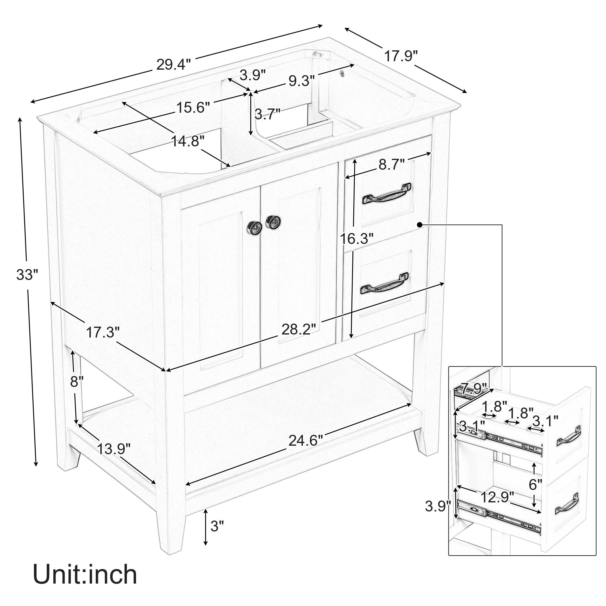 30 Inch MDF Freestanding Bathroom Vanity Base with Open Shelf and Doors