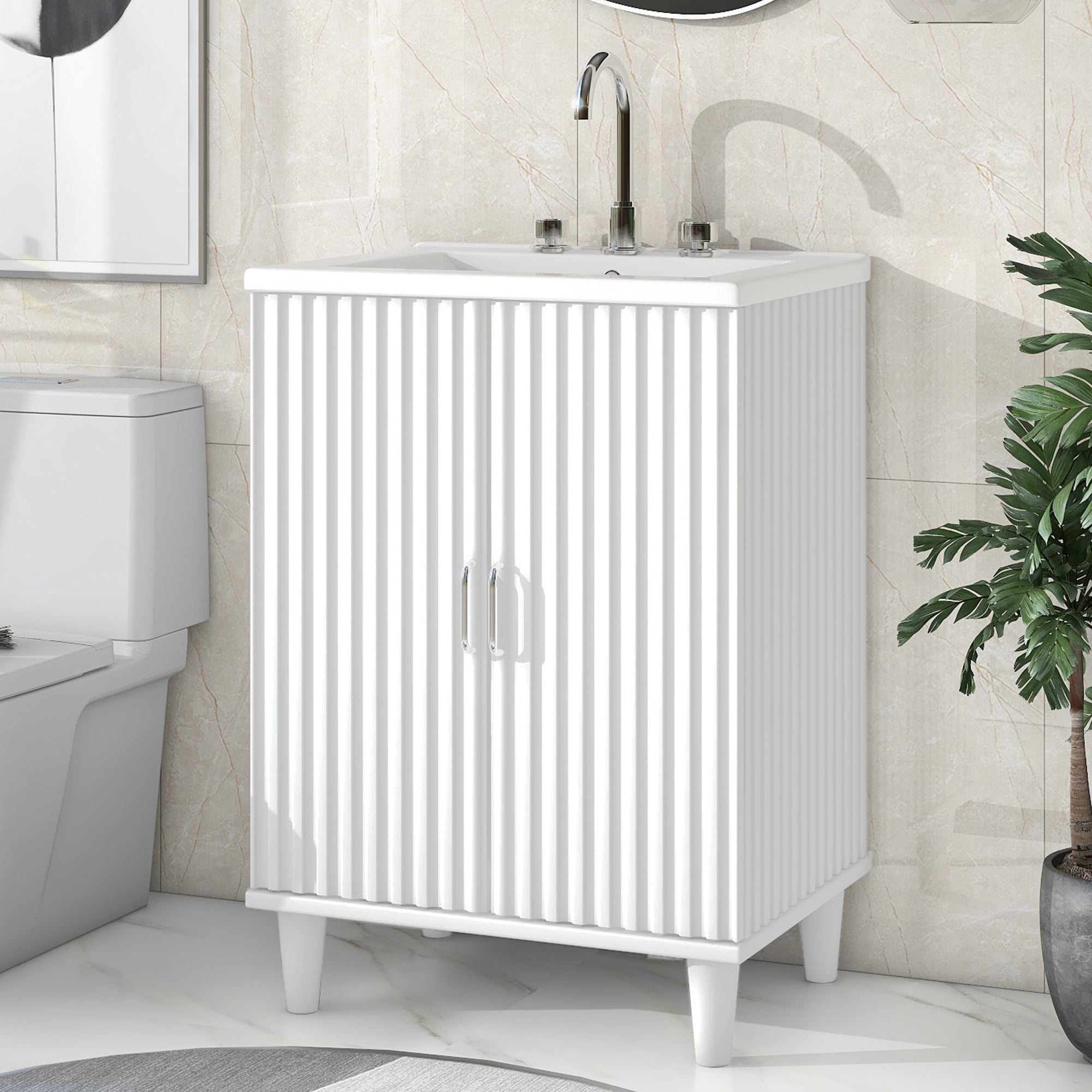 24" Freestanding Solid Wood and MDF Bathroom Vanity Set with Two Doors and Adjustable Shelves