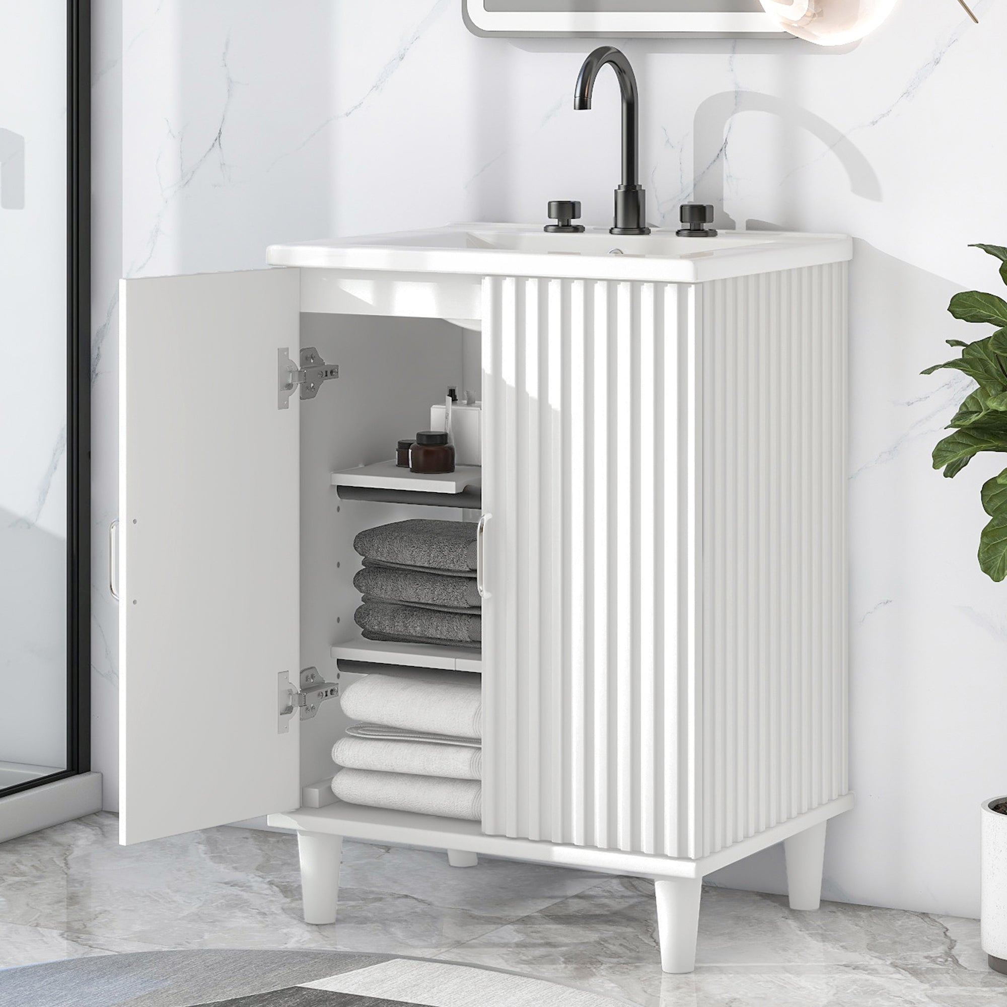 24" Freestanding Solid Wood and MDF Bathroom Vanity Set with Two Doors and Adjustable Shelves