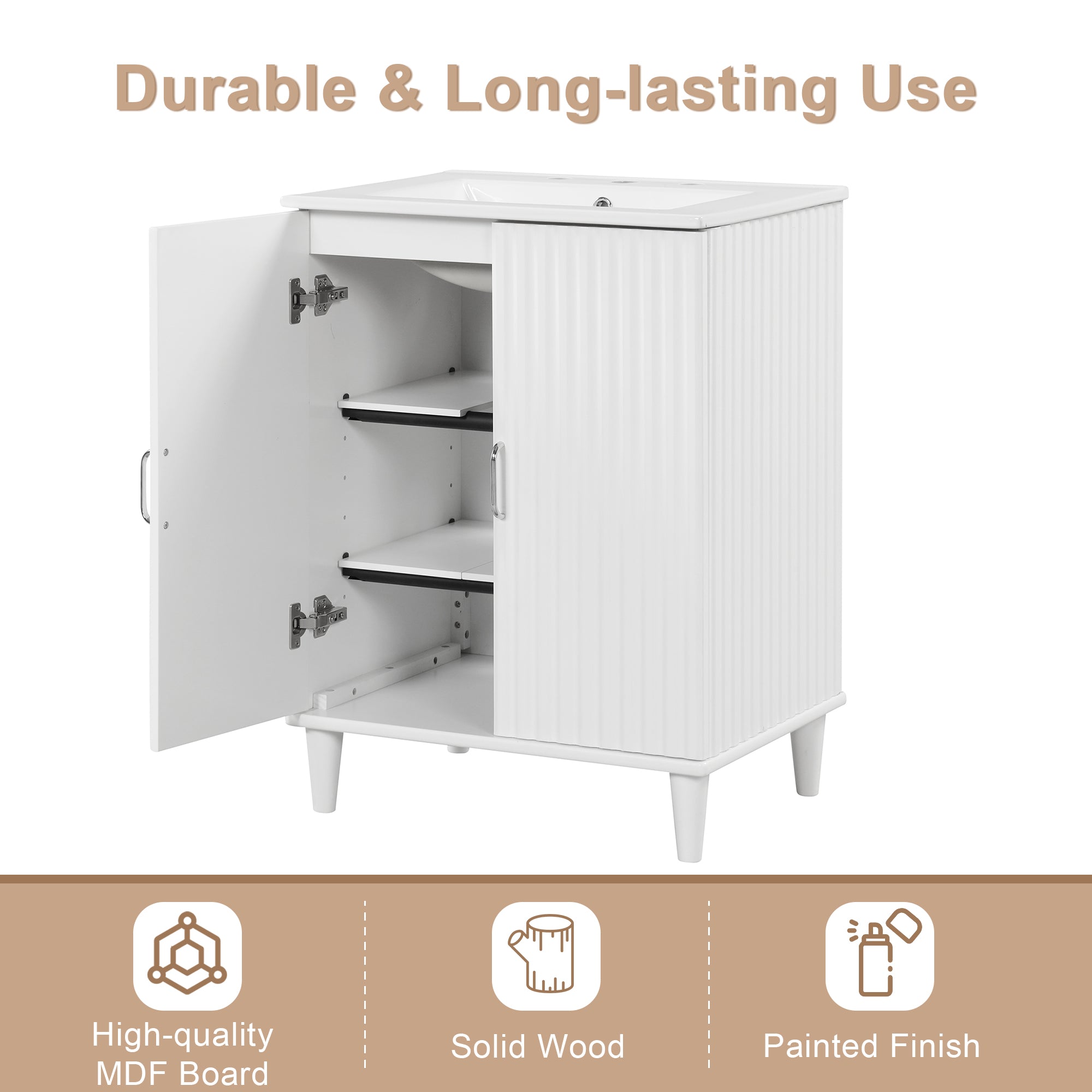24" Freestanding Solid Wood and MDF Bathroom Vanity Set with Two Doors and Adjustable Shelves