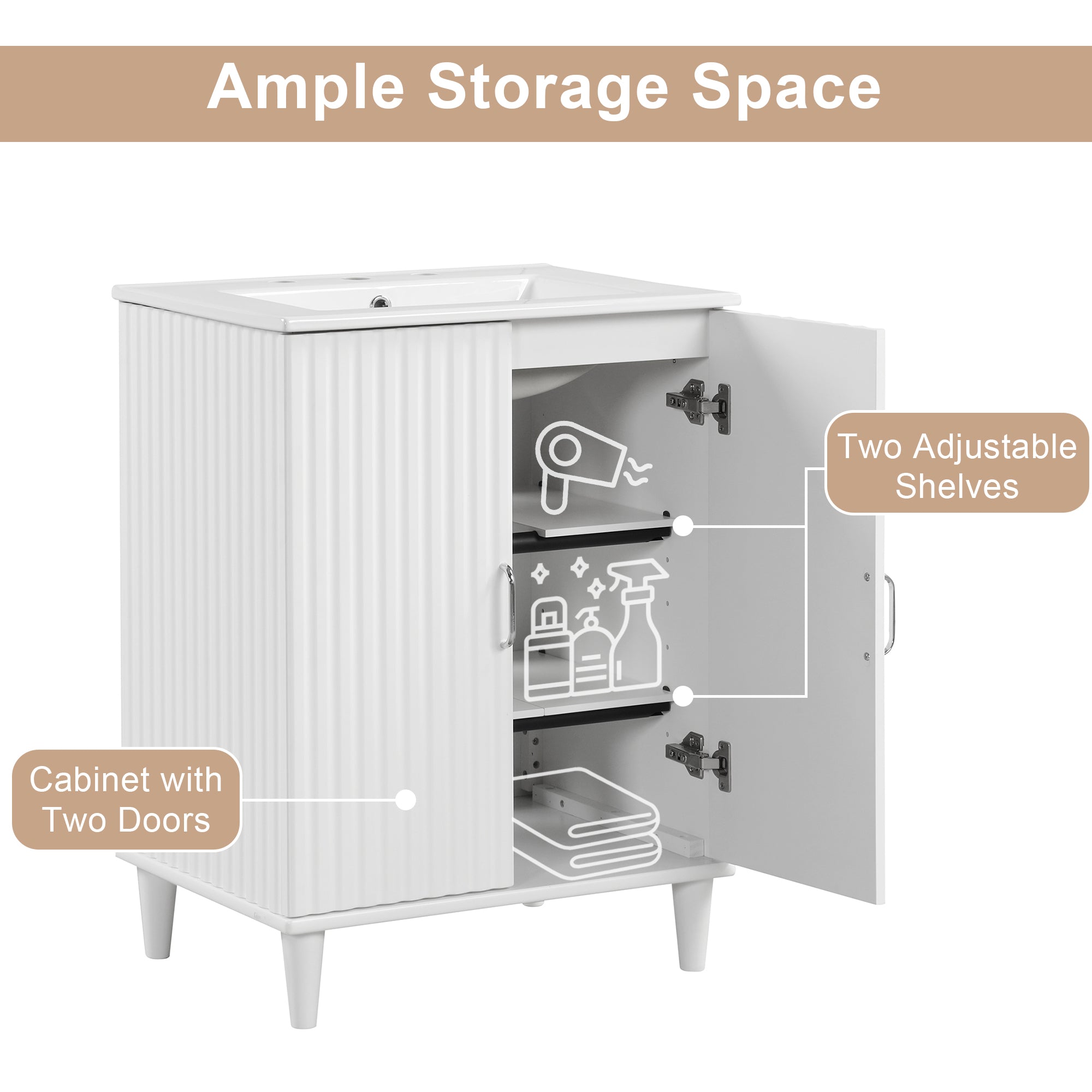 24" Freestanding Solid Wood and MDF Bathroom Vanity Set with Two Doors and Adjustable Shelves