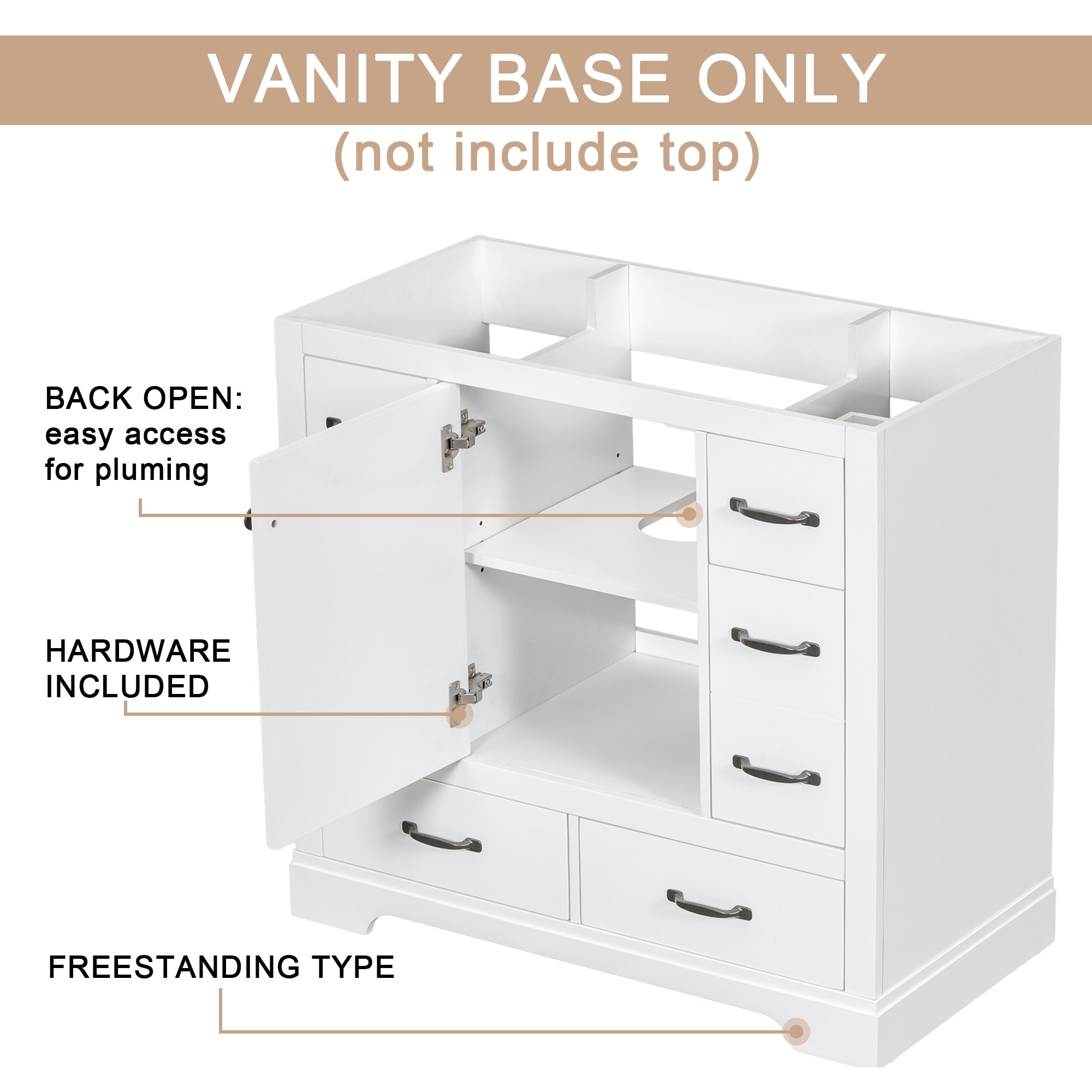 36 in. W x 18 in. D x 33 in. H Freestanding Bath Vanity Base without Top in White
