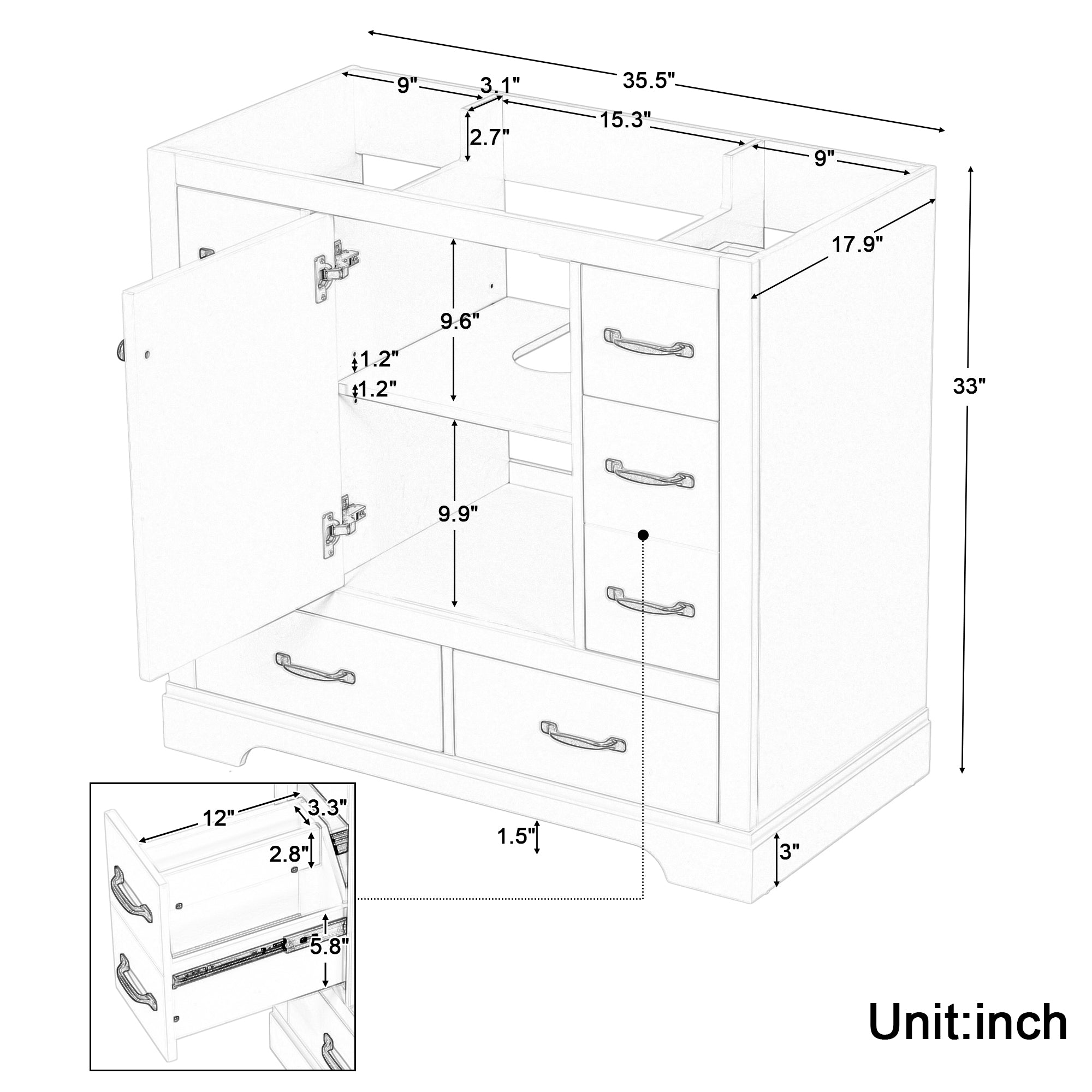 36 in. W x 18 in. D x 33 in. H Freestanding Bath Vanity Base without Top in White
