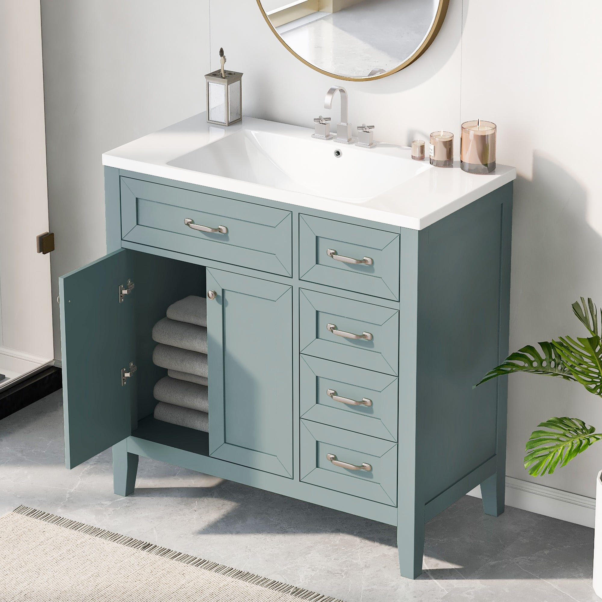 36 in.W MDF Freestanding Bathroom Vanity Set with Integrated Sink, Drawers and Doors