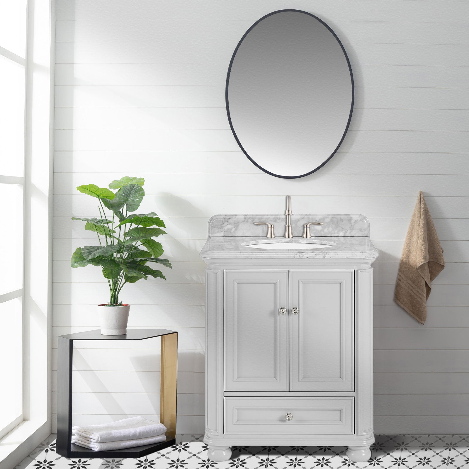 Single Sink Freestanding Bath Vanity in White with Carrara Natural Marble Top