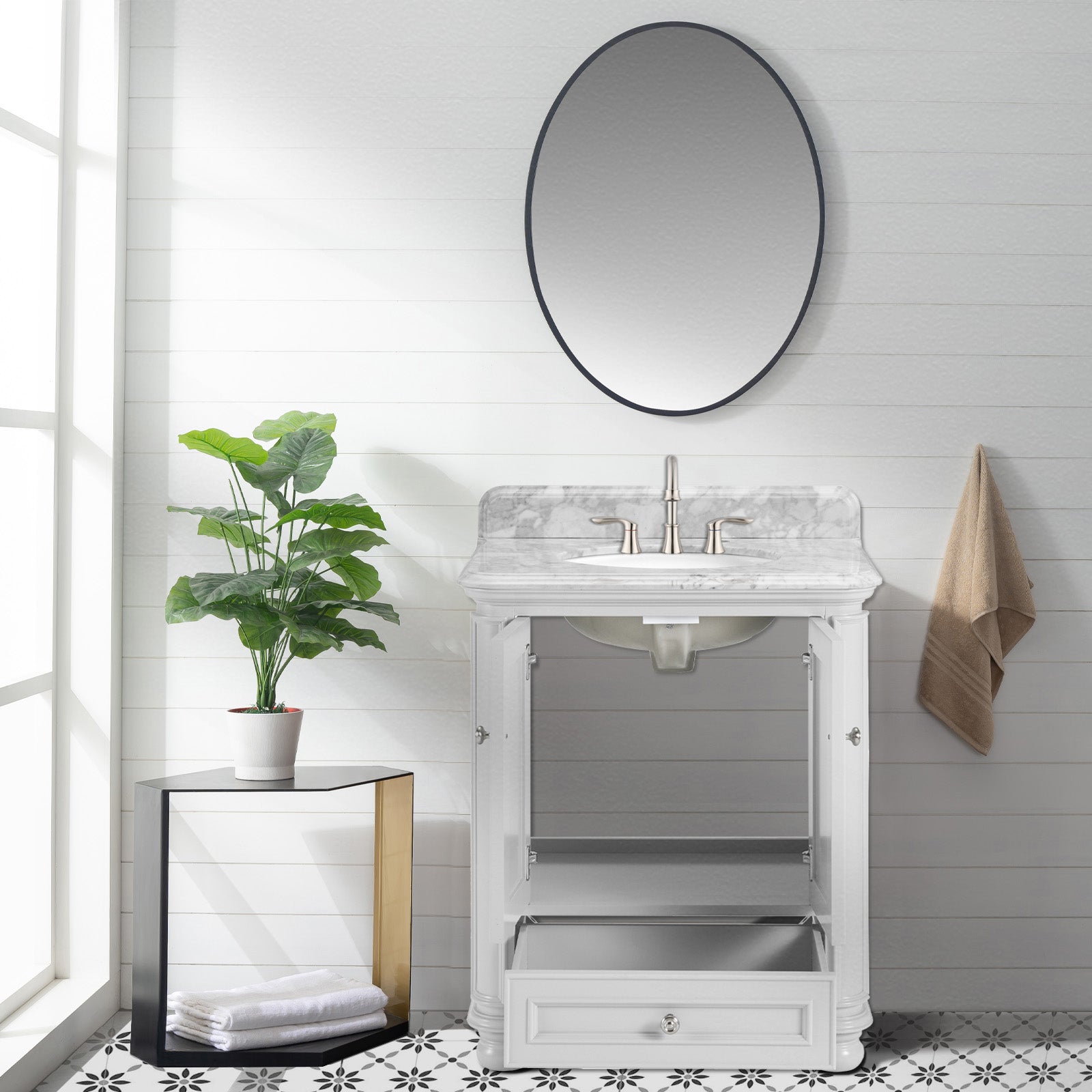 Single Sink Freestanding Bath Vanity in White with Carrara Natural Marble Top